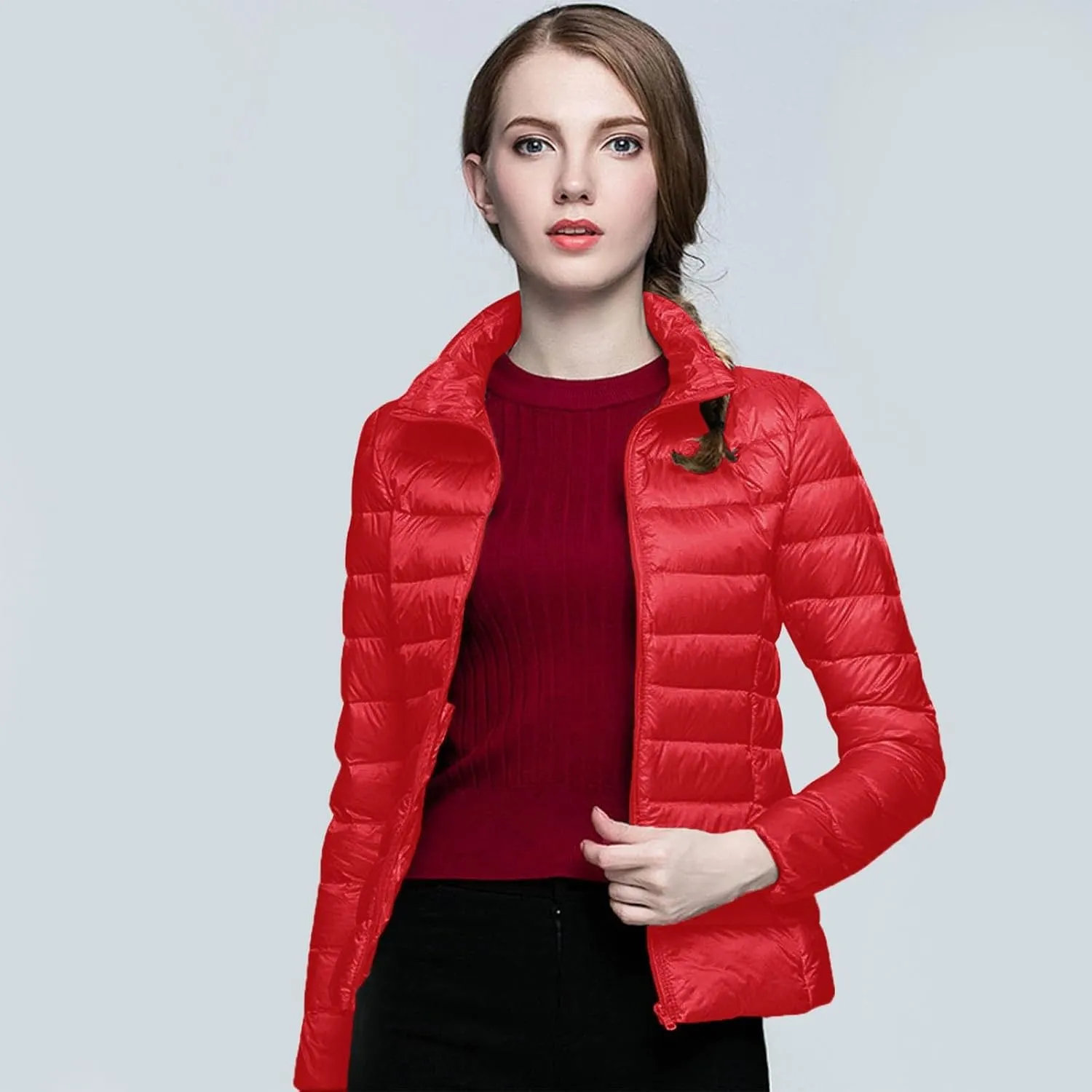 2024 Warm Lightweight Hoodless Quilted Down Coat for Womens Long Sleeve Zip Long Puffer Coat Windproof Outdoor Outwear