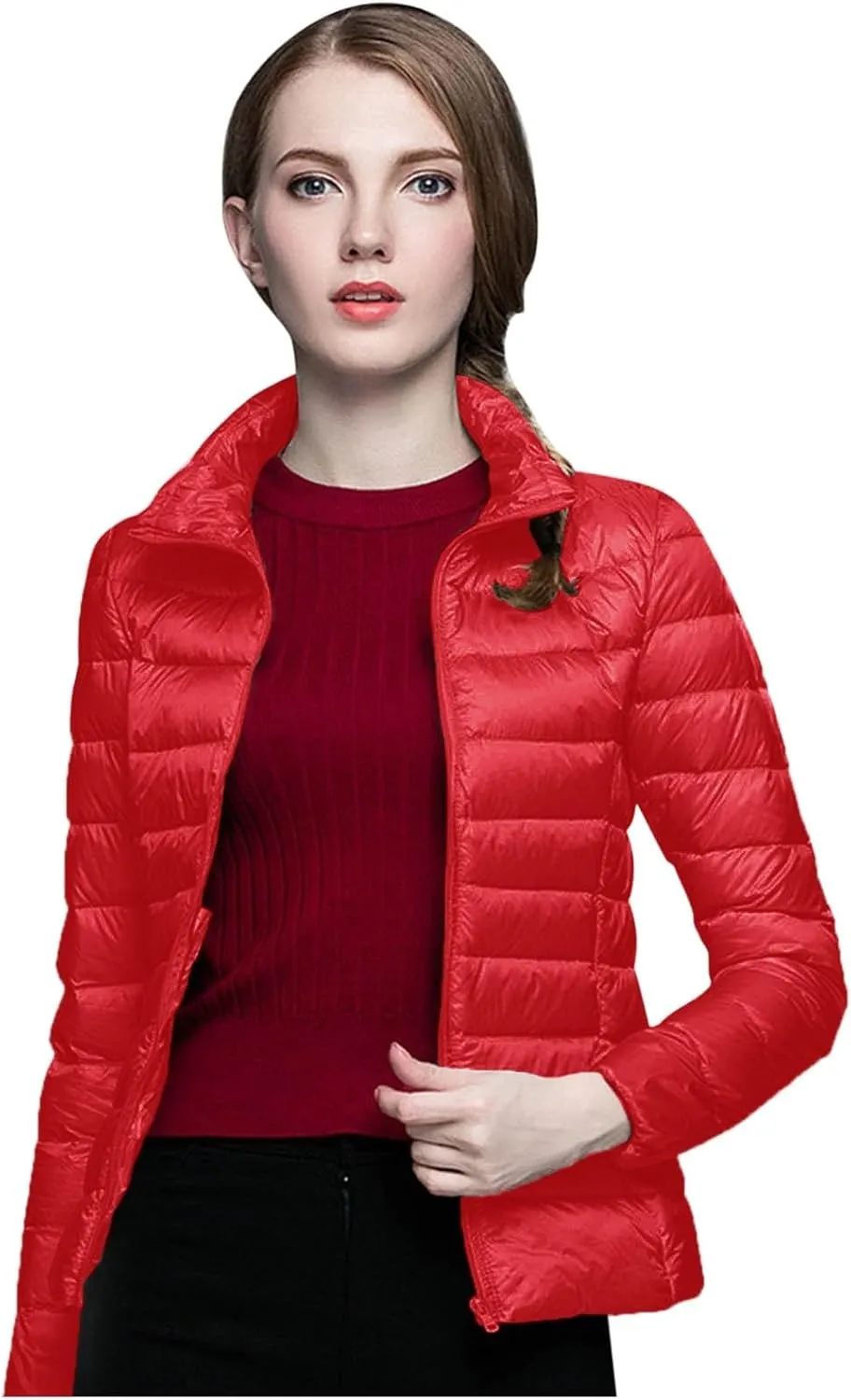 2024 Warm Lightweight Hoodless Quilted Down Coat for Womens Long Sleeve Zip Long Puffer Coat Windproof Outdoor Outwear