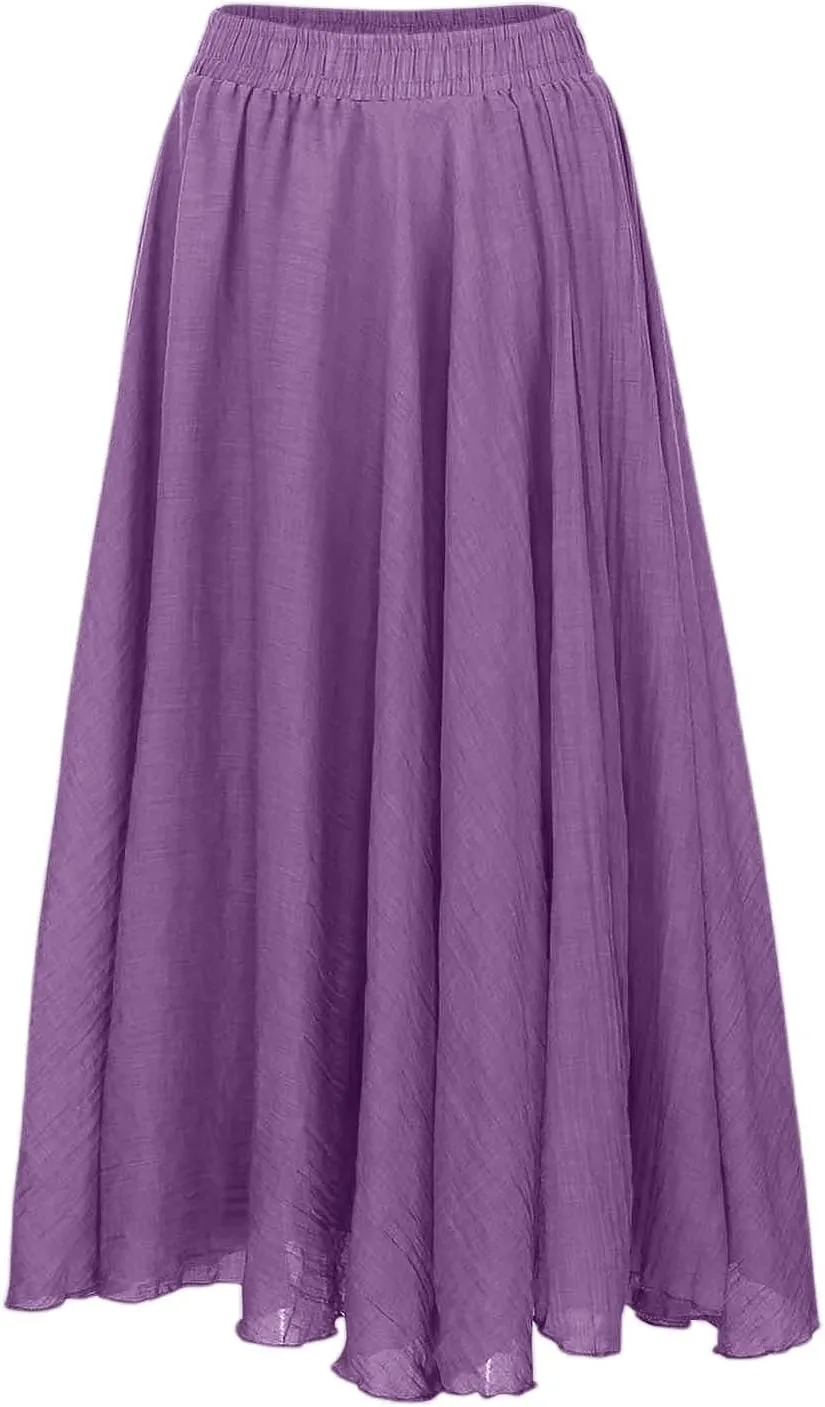 A Line Skirt for Women Trendy Flared High Elastic Waist Solid Loose Pleated Summer Long Skirts for Vacation Streetwear