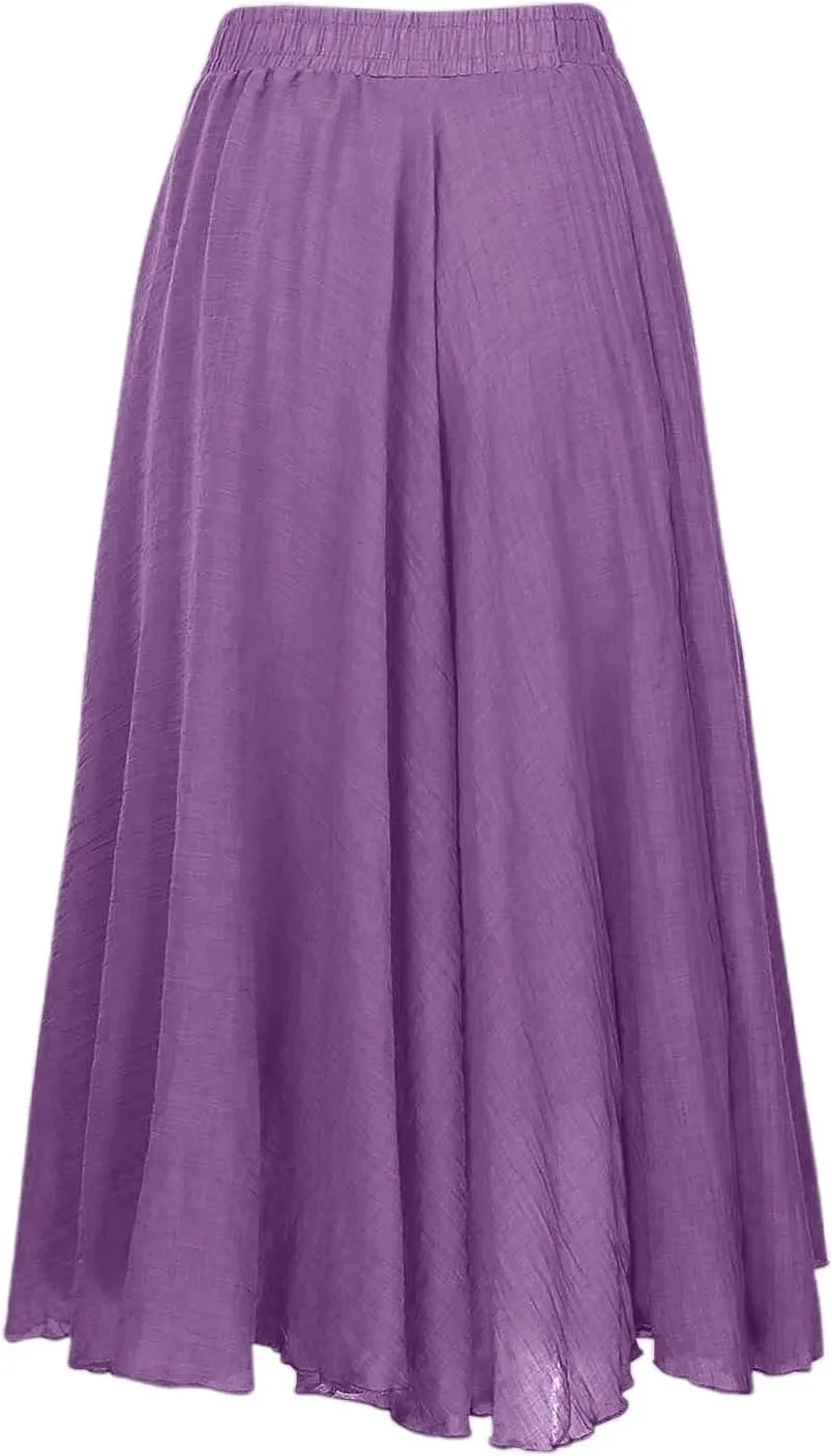 A Line Skirt for Women Trendy Flared High Elastic Waist Solid Loose Pleated Summer Long Skirts for Vacation Streetwear