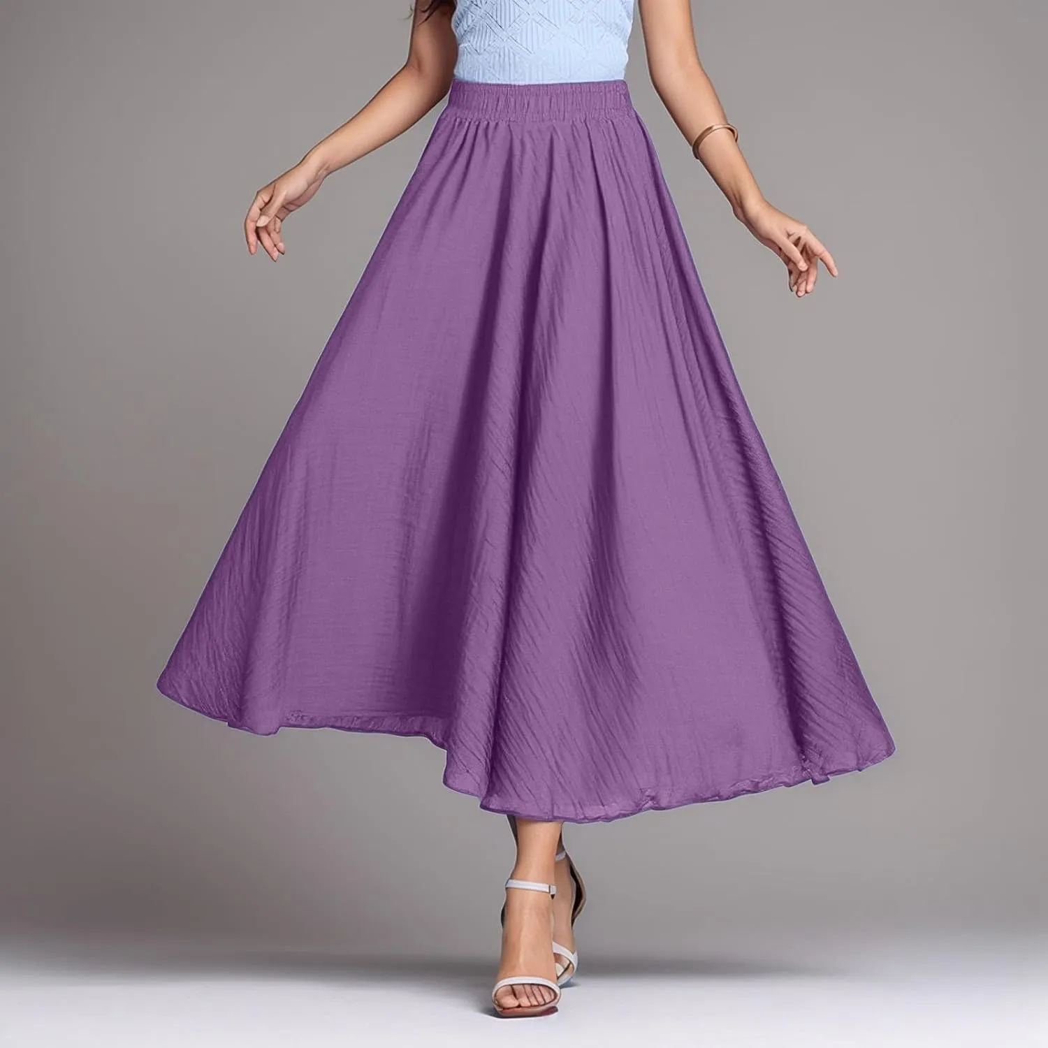 A Line Skirt for Women Trendy Flared High Elastic Waist Solid Loose Pleated Summer Long Skirts for Vacation Streetwear