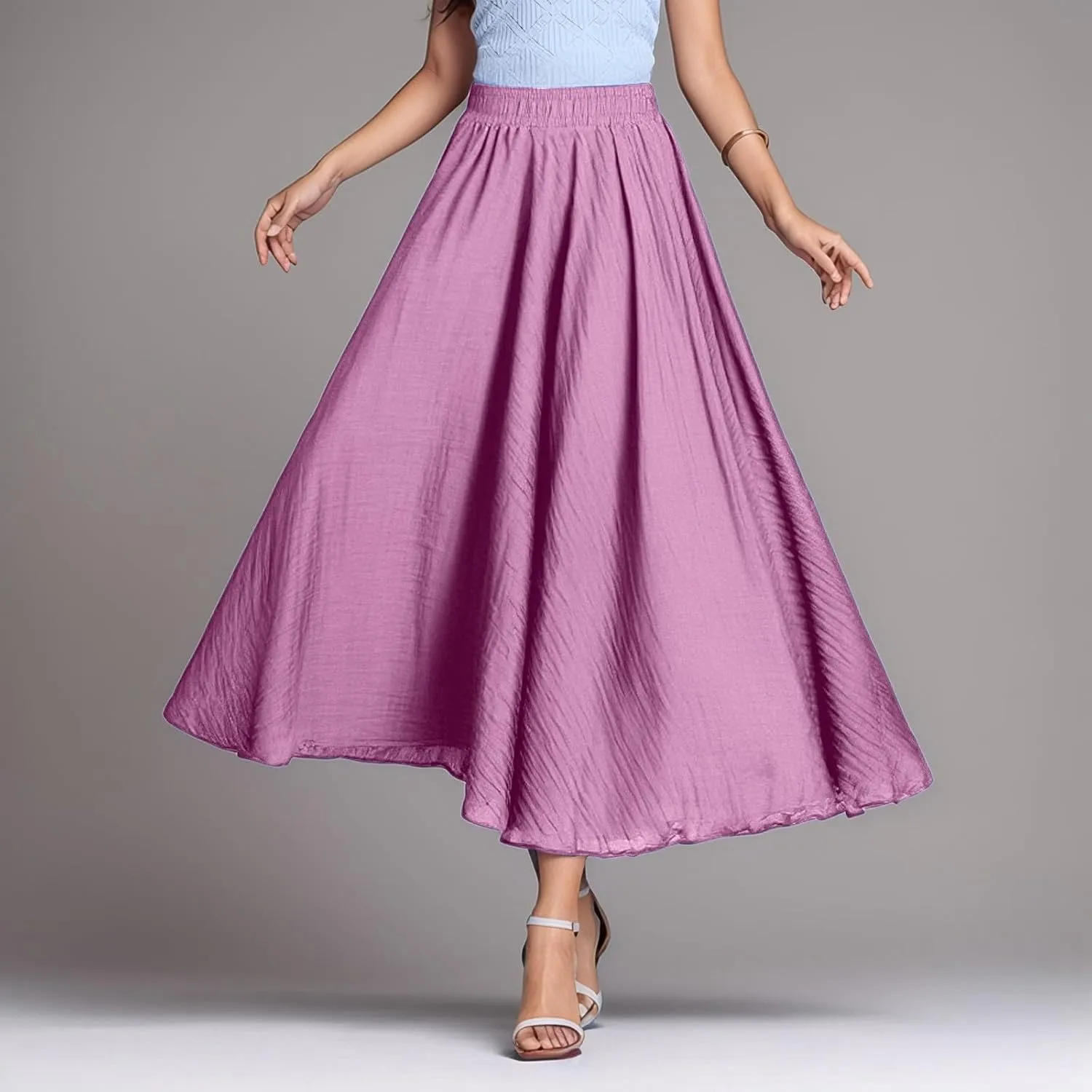 A Line Skirt for Women Trendy Flared High Elastic Waist Solid Loose Summer Pleated Long Skirts for Vacation Streetwear