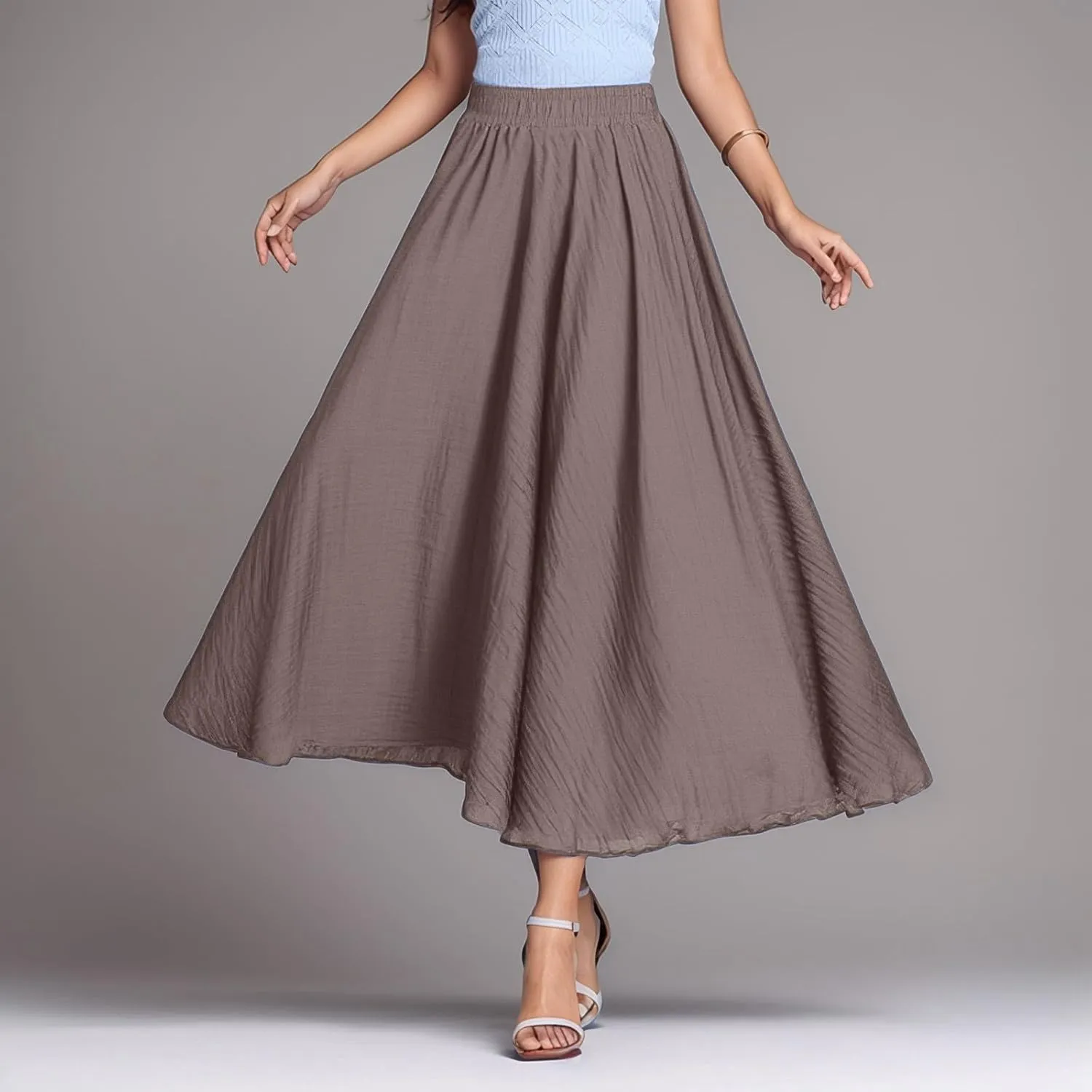 A Line Skirt for Women Trendy Flared High Elastic Waist Solid Loose Summer Pleated Long Skirts for Vacation Streetwear