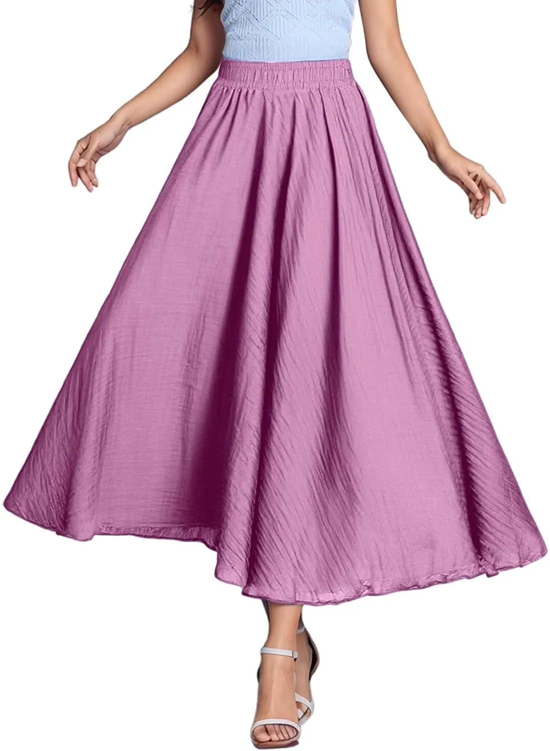 A Line Skirt for Women Trendy Flared High Elastic Waist Solid Loose Summer Pleated Long Skirts for Vacation Streetwear