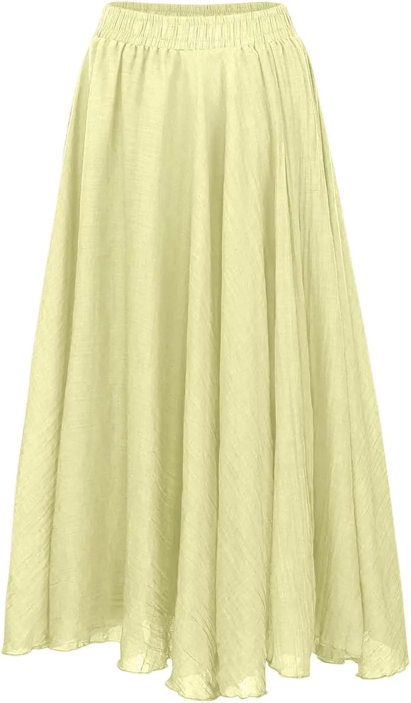 A Line Skirt for Women Trendy Flared High Elastic Waist Solid Loose Summer Pleated Long Skirts for Vacation Streetwear