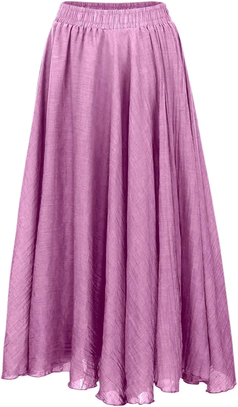 A Line Skirt for Women Trendy Flared High Elastic Waist Solid Loose Summer Pleated Long Skirts for Vacation Streetwear
