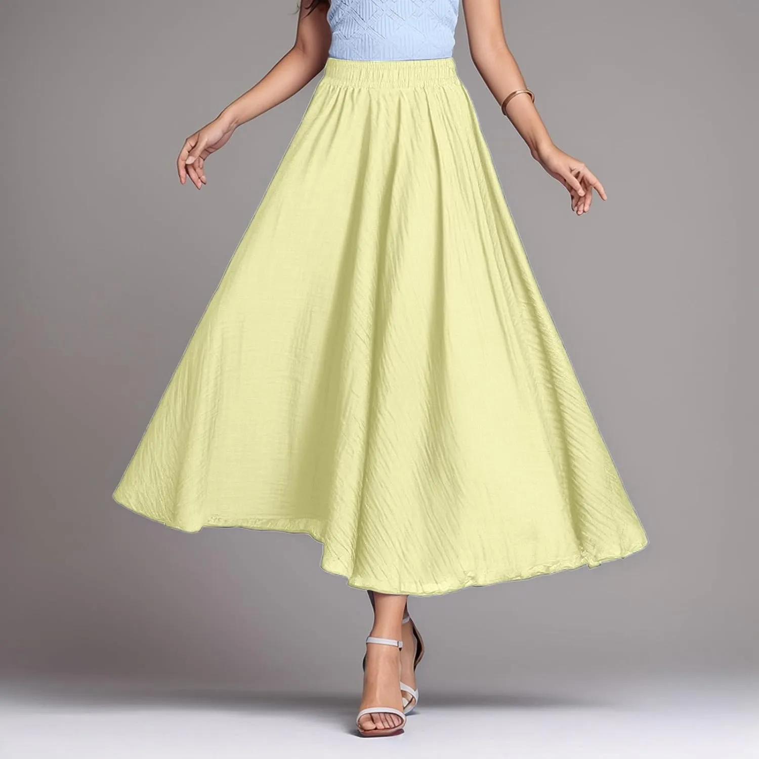 A Line Skirt for Women Trendy Flared High Elastic Waist Solid Loose Summer Pleated Long Skirts for Vacation Streetwear