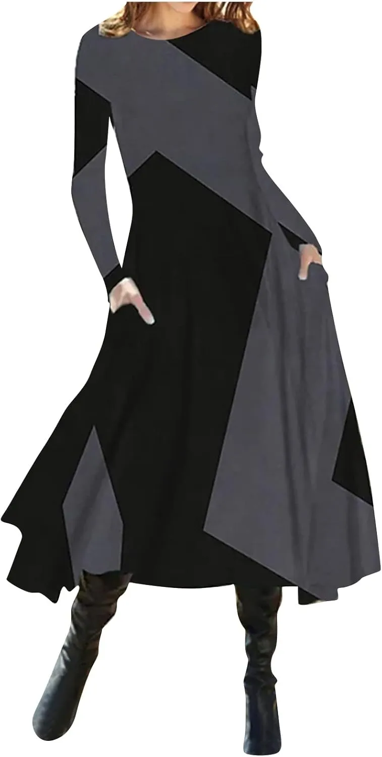 ADHOWBEW Spring Dresses for Women 2024 Fashion Elegant Long Sleeve Midi Dress