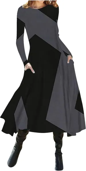 ADHOWBEW Spring Dresses for Women 2024 Fashion Elegant Long Sleeve Midi Dress