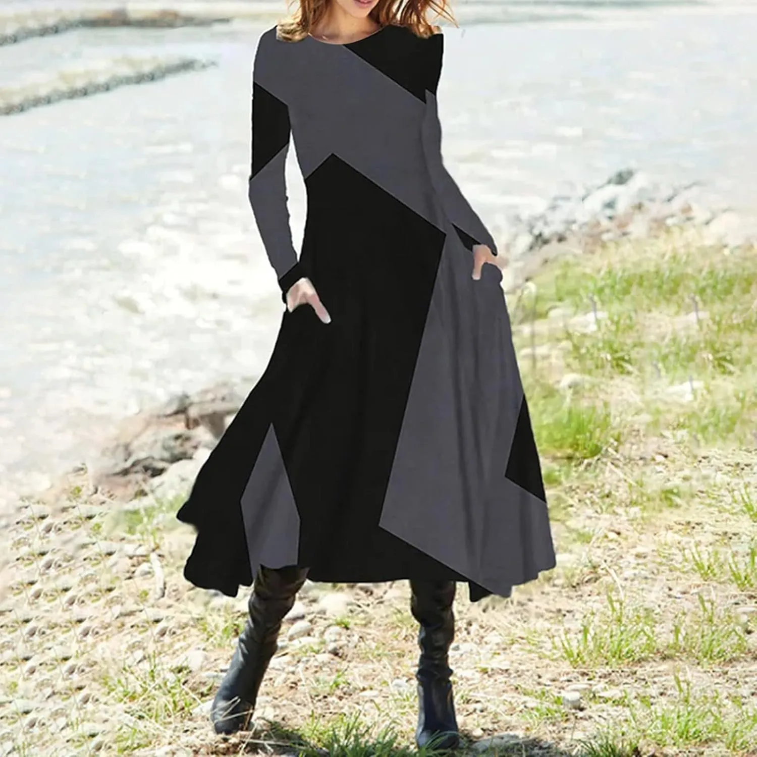 ADHOWBEW Spring Dresses for Women 2024 Fashion Elegant Long Sleeve Midi Dress