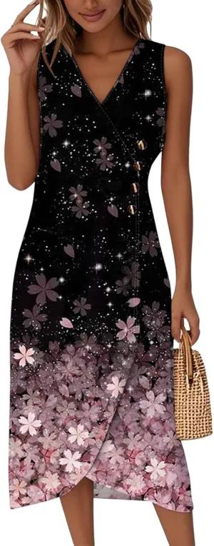 ADHOWBEW Spring Wedding Guest Dress Elegant V Neck Flowy Sexy Boho Trendy Party Sleeveless Beach Casual Button Dresses