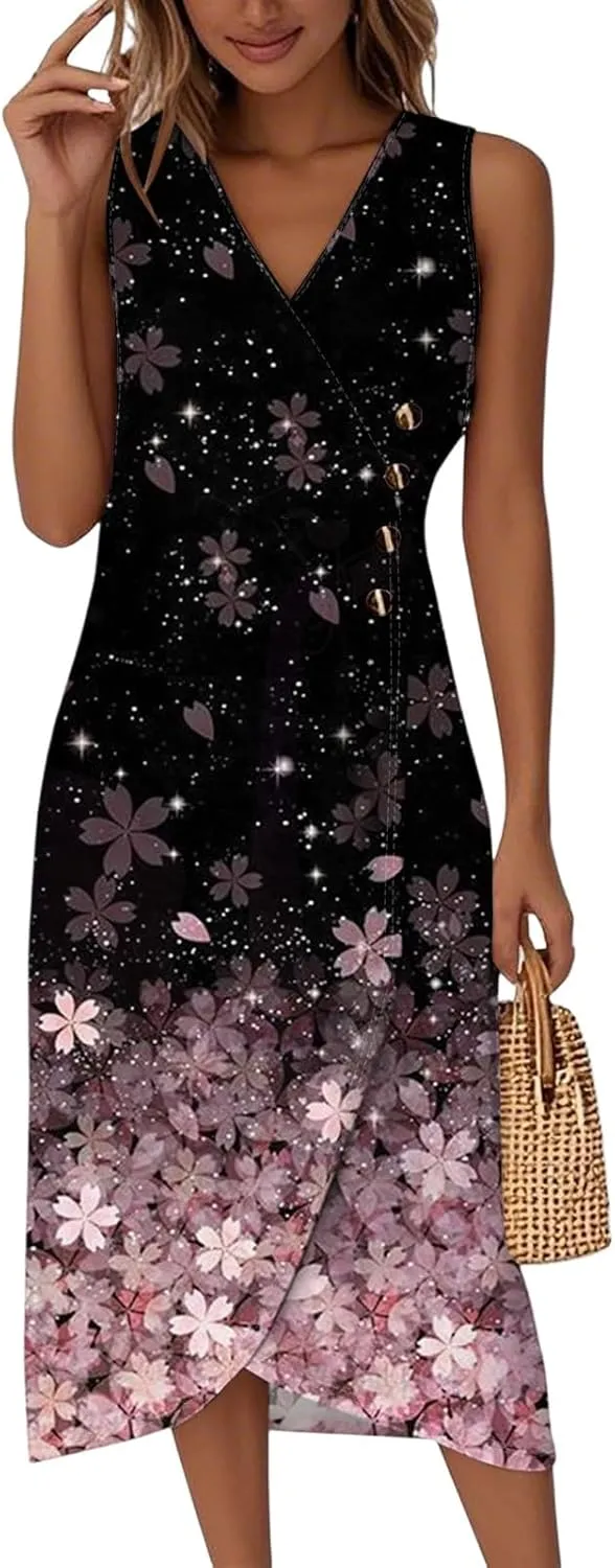 ADHOWBEW Spring Wedding Guest Dress Elegant V Neck Flowy Sexy Boho Trendy Party Sleeveless Beach Casual Button Dresses