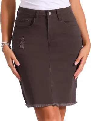 Allegra K Women's Basic Distressed High Waist Ripped Hem Washed Jeans Denim Skirt