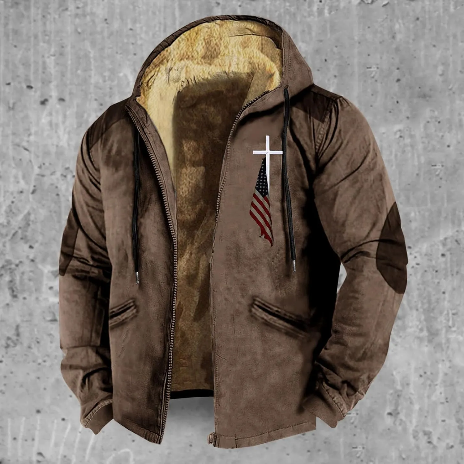 American Flag Print Fleece Winter Jackets Oversize Sherpa Lined Full Zip Up Hoodies Plus Size Warm Western Retro Coats