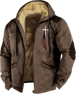 American Flag Print Fleece Winter Jackets Oversize Sherpa Lined Full Zip Up Hoodies Plus Size Warm Western Retro Coats