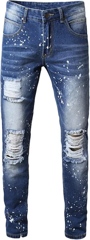 Andongnywell Ripped Distressed Destroyed Slim Denim Jean Men's Biker Zipper Washed Straight Fit Jeans Slim Pants