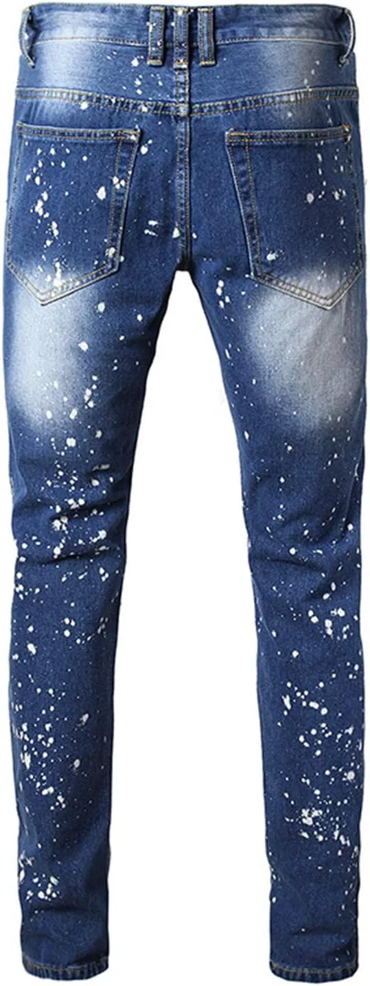 Andongnywell Ripped Distressed Destroyed Slim Denim Jean Men's Biker Zipper Washed Straight Fit Jeans Slim Pants