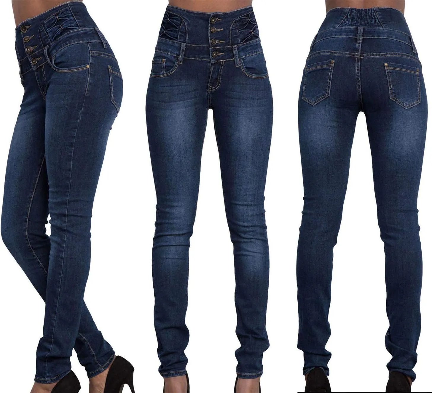 Andongnywell Women Button High Waist Skinny Jeans Colombian Design Butt Lift Jeans Plus Size Stretch High Rise Skinnys