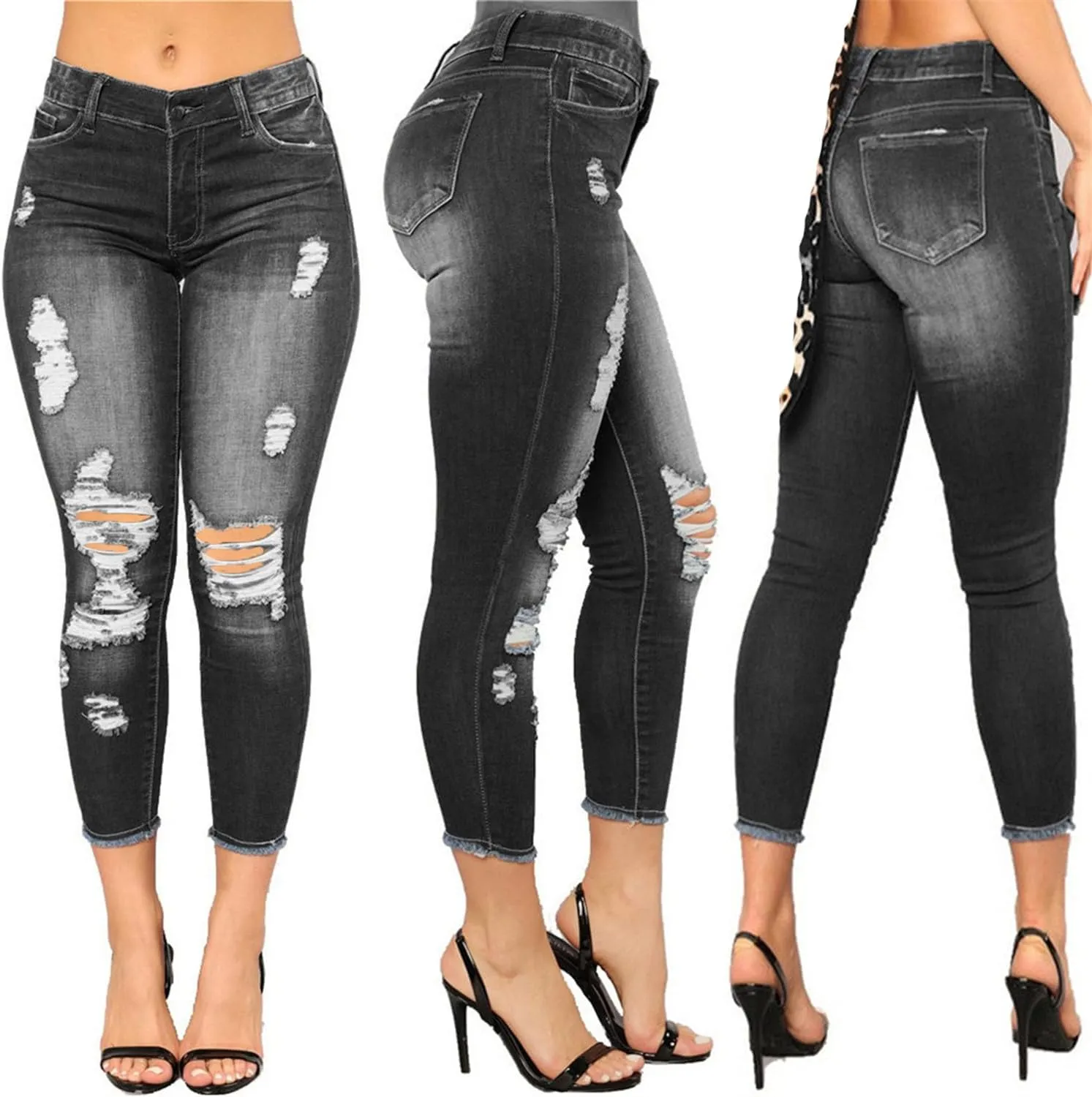 Andongnywell Women High Waisted Skinny Distressed Jeans Sexy Ripped Jegging Jeans Butt Lift Stretch Denim Pants