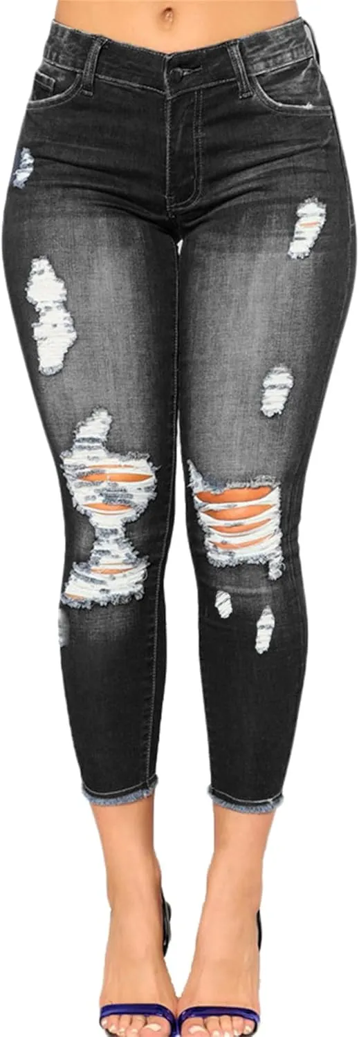 Andongnywell Women High Waisted Skinny Distressed Jeans Sexy Ripped Jegging Jeans Butt Lift Stretch Denim Pants