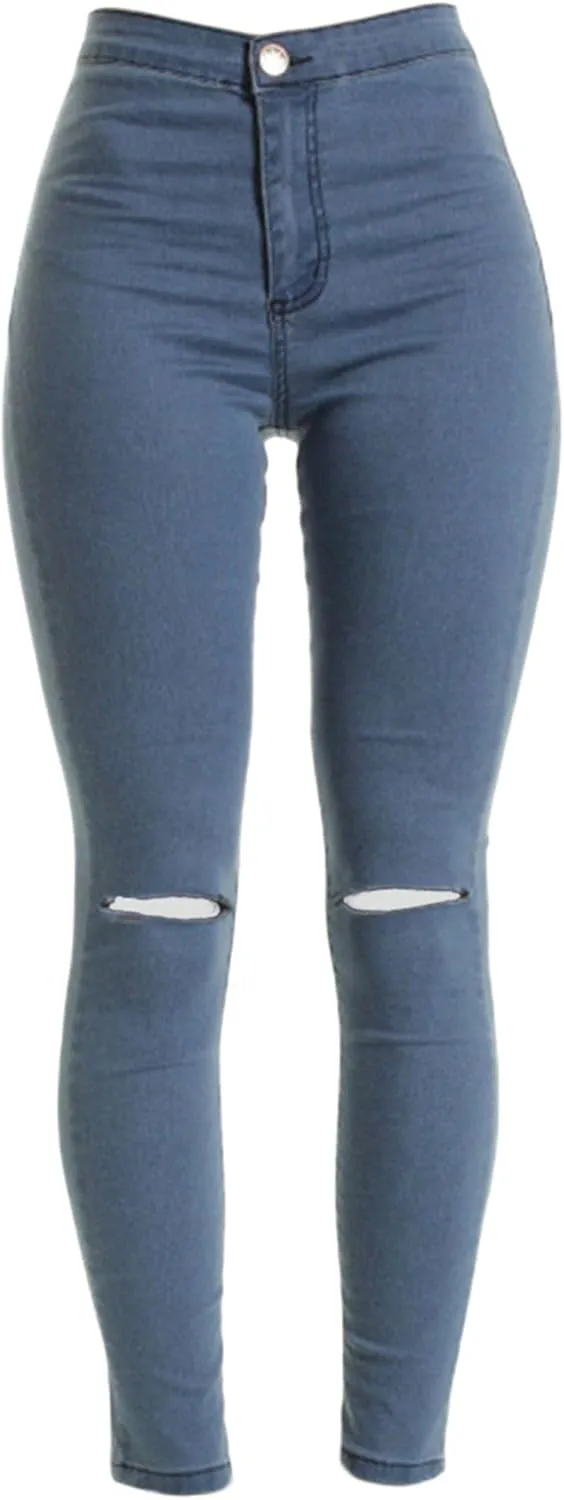Andongnywell Women's Ripped Knee Stretchy Skinny Pants Distressed Knee-Ripped Denim Pants Classic High Waisted Jegging