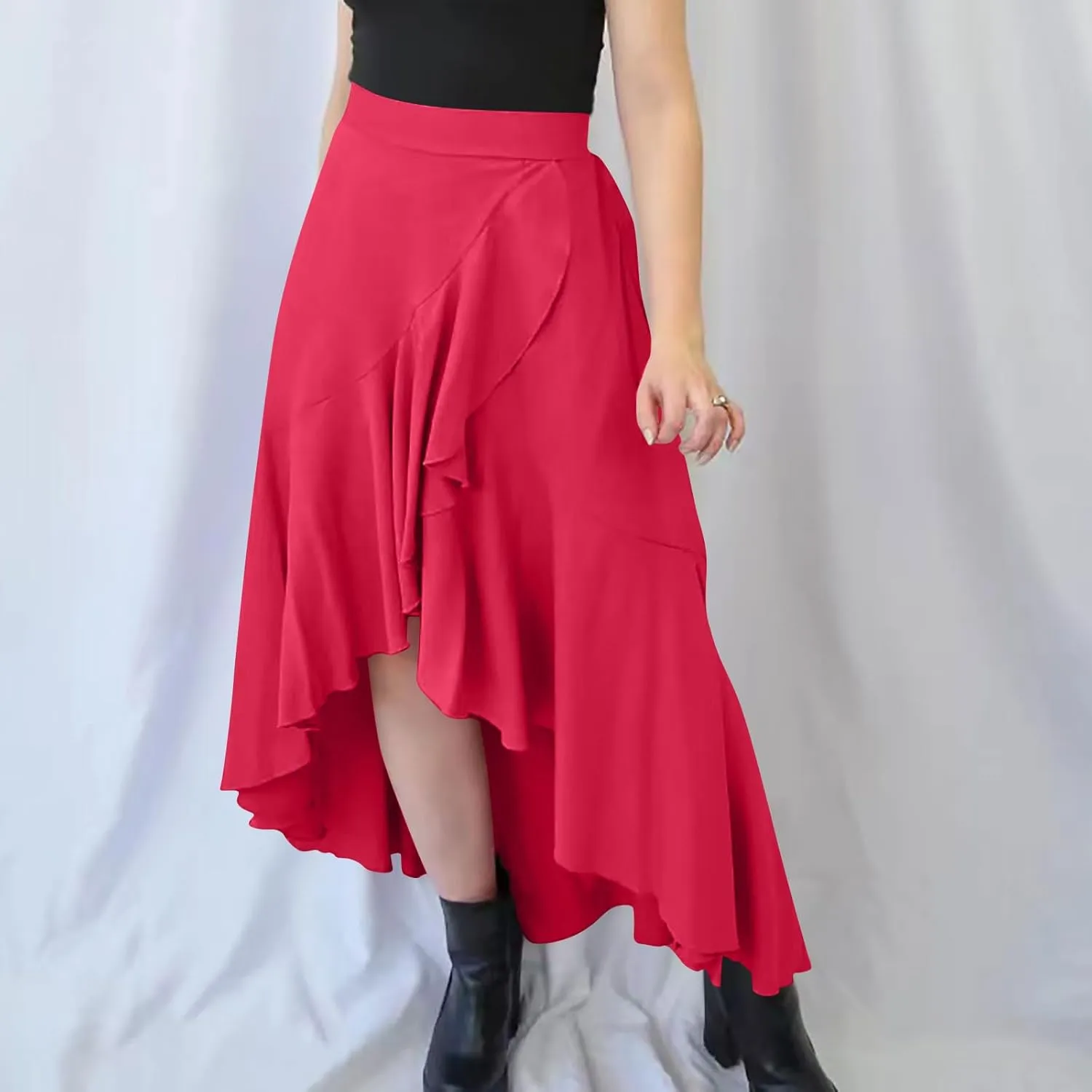 Asymmetrical Ruffle Hem Skirt for Women Summer Elegant Flowy High Low Skorts Casual Loose Flowy Beach A-Line Skirts