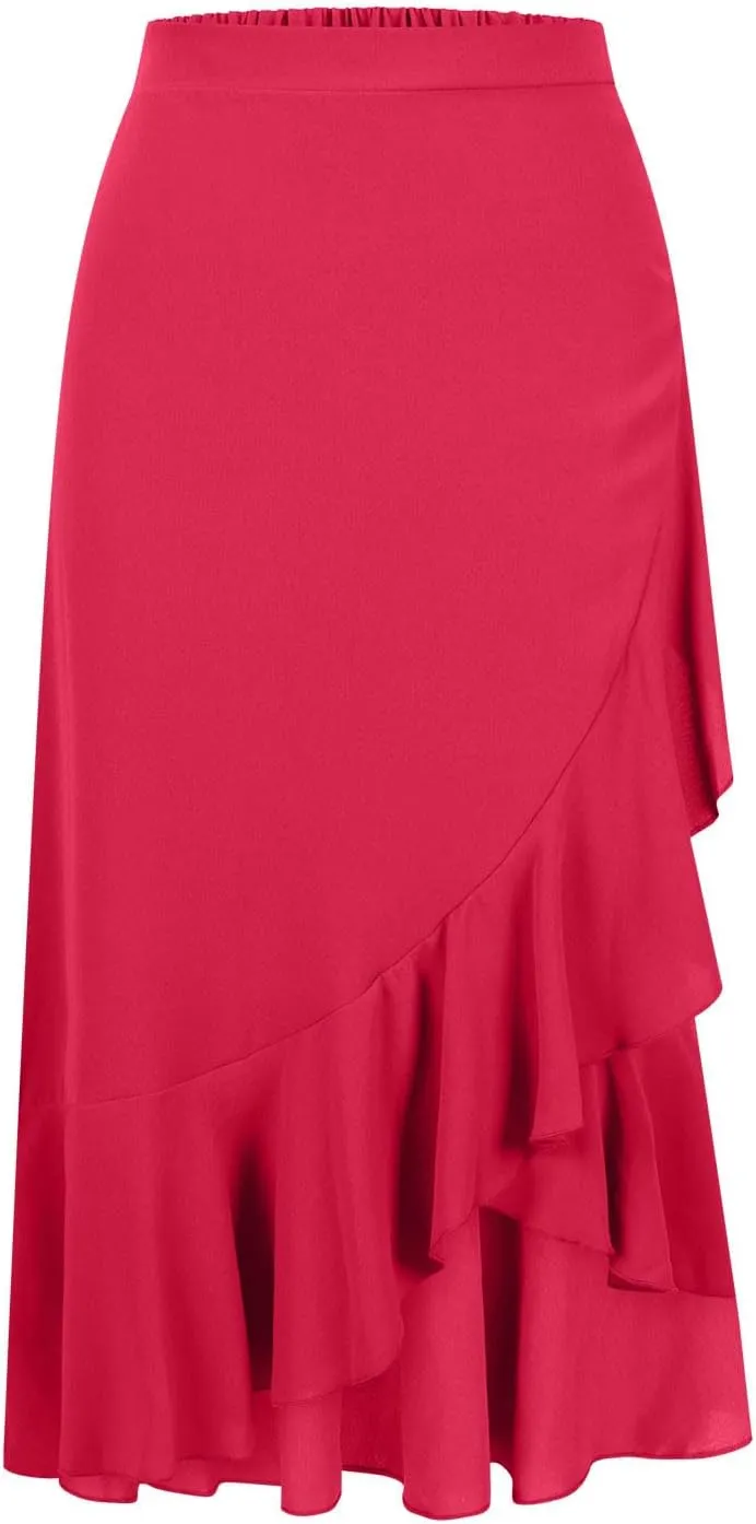 Asymmetrical Ruffle Hem Skirt for Women Summer Elegant Flowy High Low Skorts Casual Loose Flowy Beach A-Line Skirts