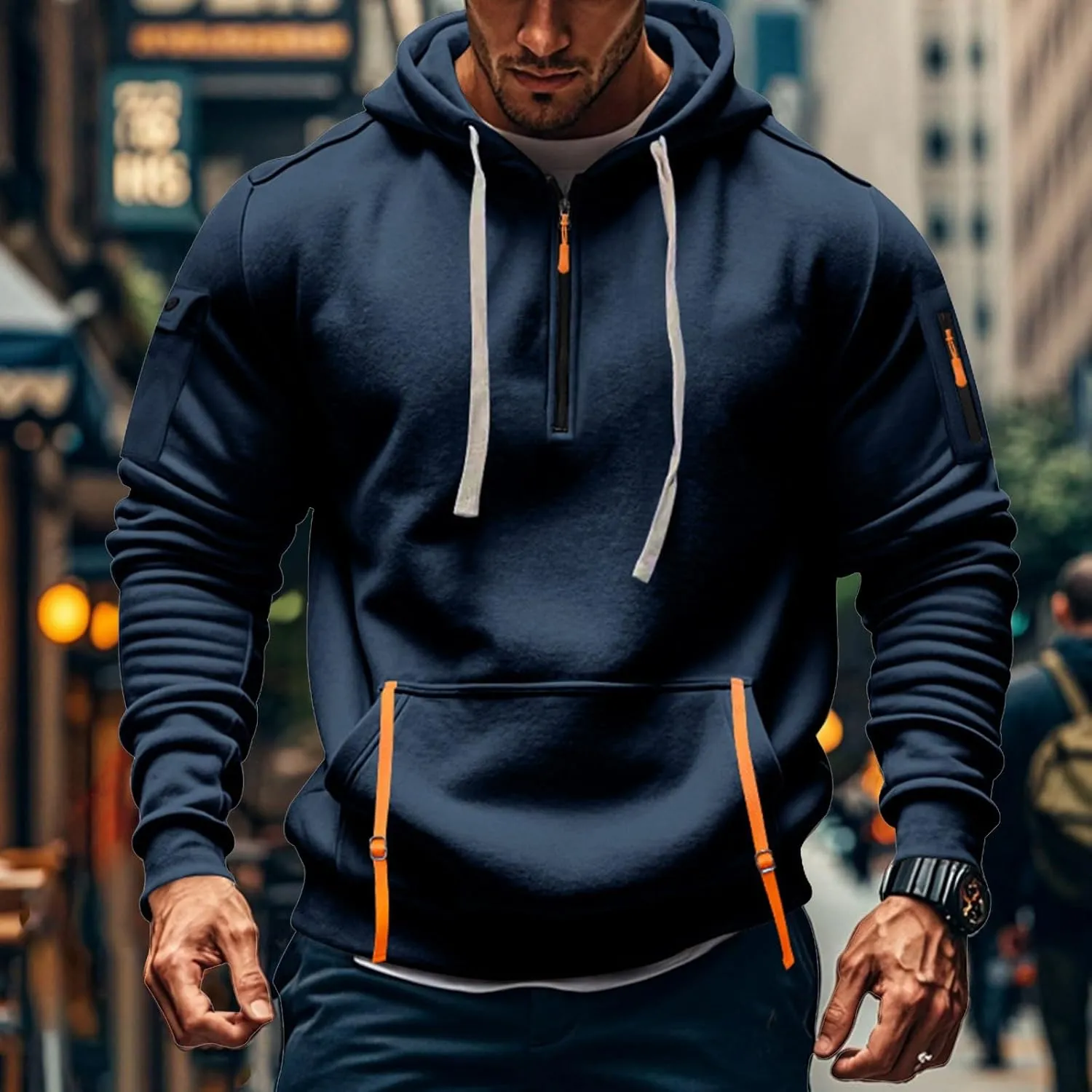 Azeralia Hoodies for Men Long Sleeve Half Zipper Pullover Printed Drawstring Oversized Sweatshirt Casual Loose Outfits