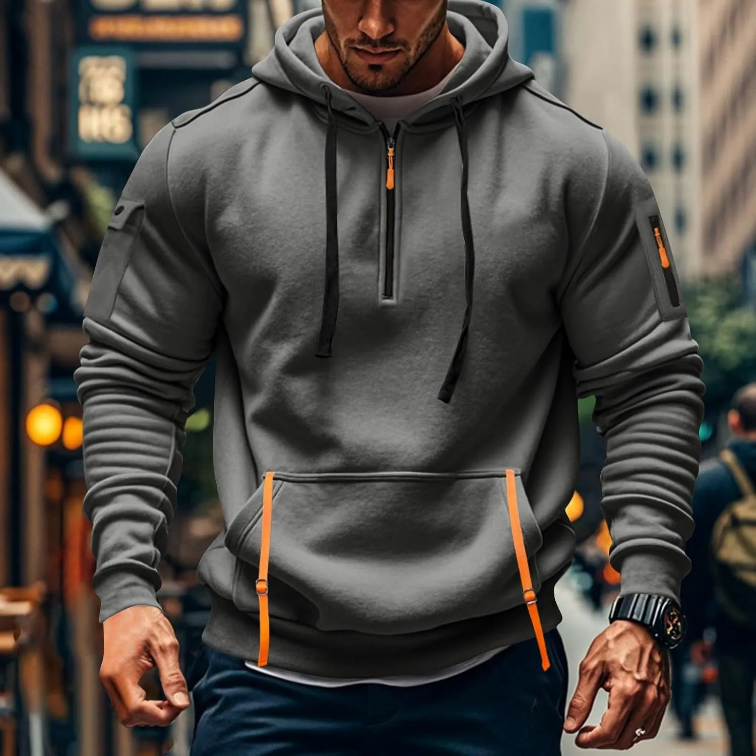 Azeralia Hoodies for Men Long Sleeve Half Zipper Pullover Printed Drawstring Oversized Sweatshirt Casual Loose Outfits