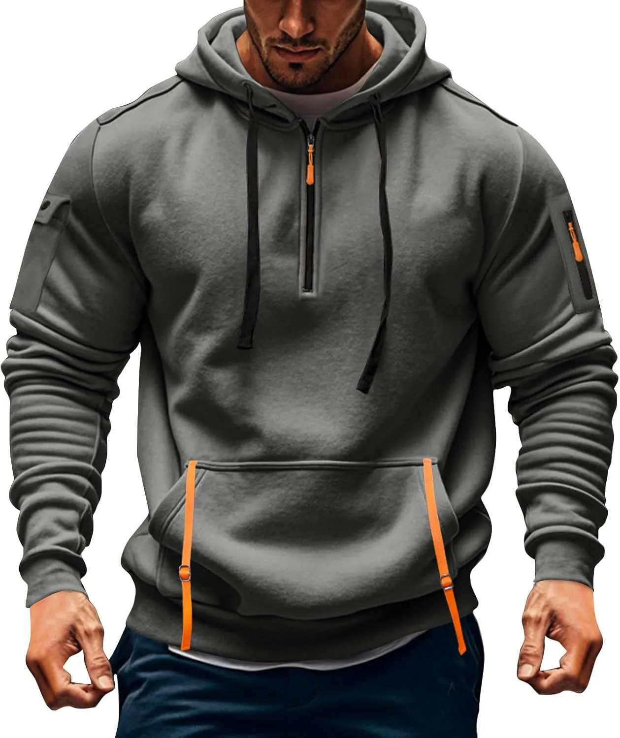 Azeralia Hoodies for Men Long Sleeve Half Zipper Pullover Printed Drawstring Oversized Sweatshirt Casual Loose Outfits