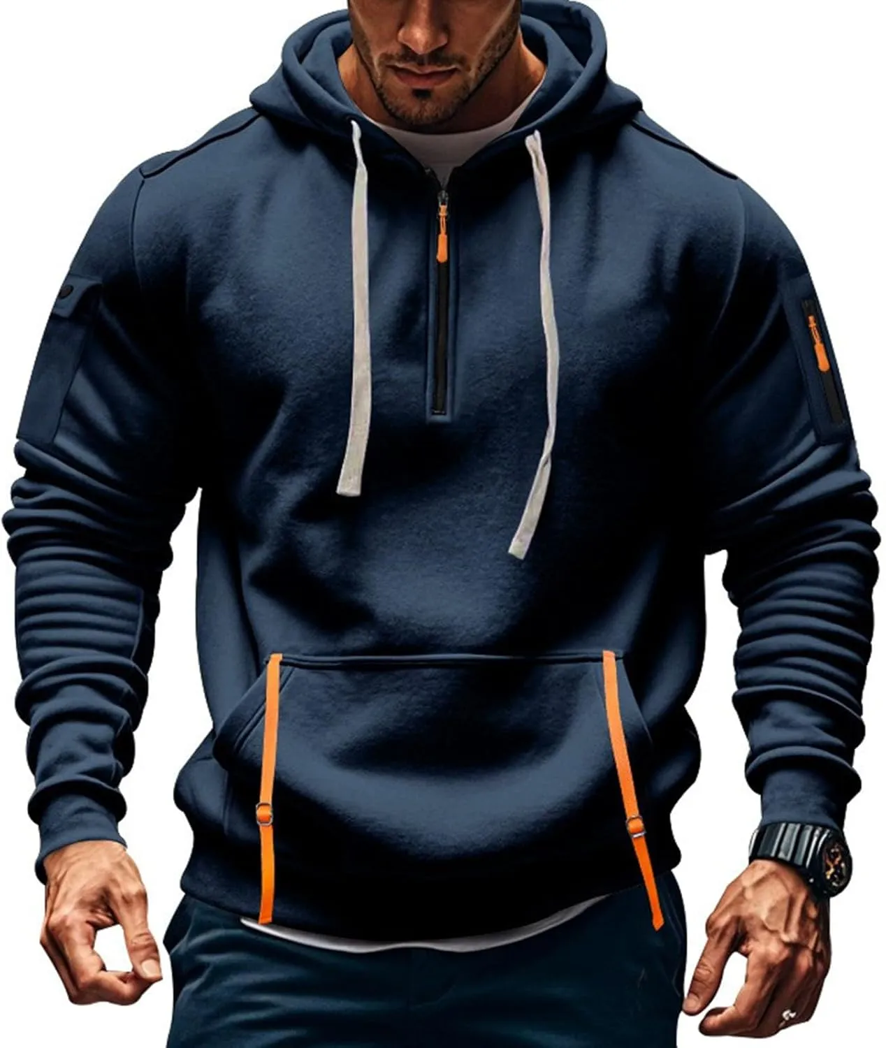Azeralia Hoodies for Men Long Sleeve Half Zipper Pullover Printed Drawstring Oversized Sweatshirt Casual Loose Outfits