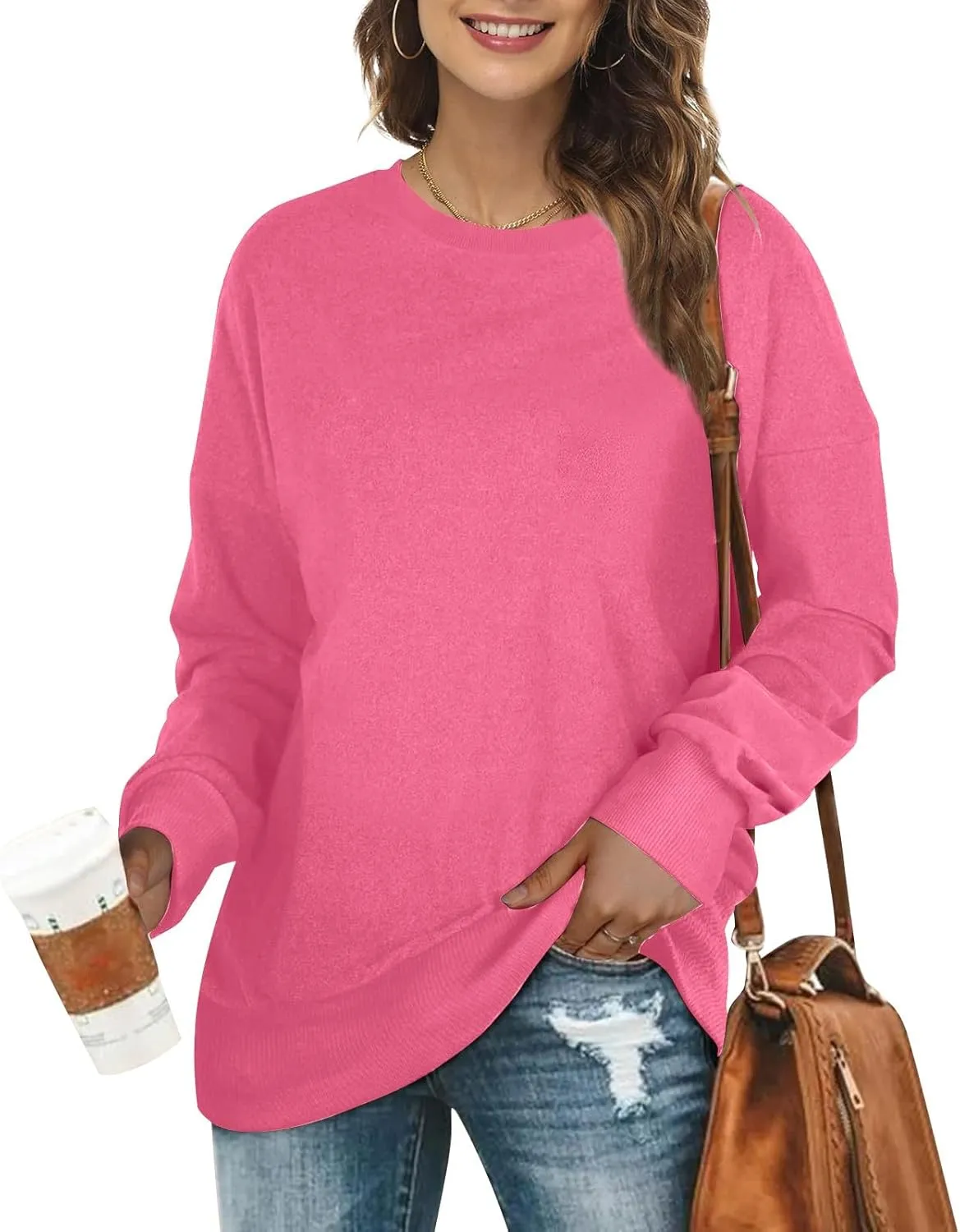 Azeralia Oversized Sweatshirt For Women Solid Round Neck Long Sleeve Pullover Fall Trendy Casual Loose Sweatshirts