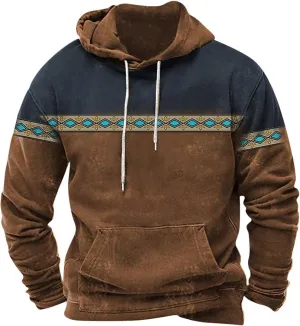 Aztec Hoodies for Men Western Vintage Tops Retro Ethnic Tribal Print Seawshirts Loose Long Sleeve Pocket Pullovers