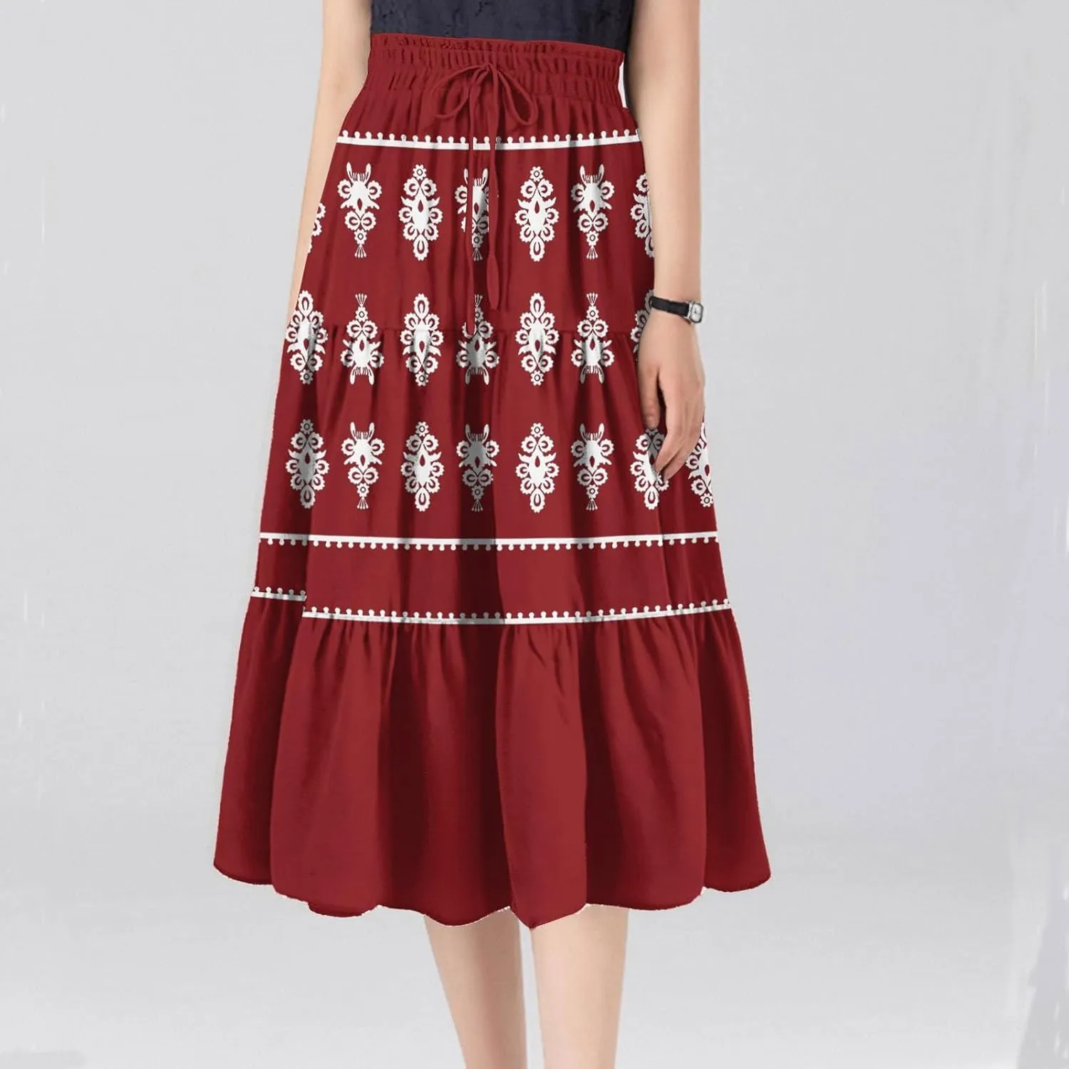 Beach Vacation Clothes for Women Loose Casual Trendy Vintage Printed Elastic Waist Maxi Boho Skirts, S-XL