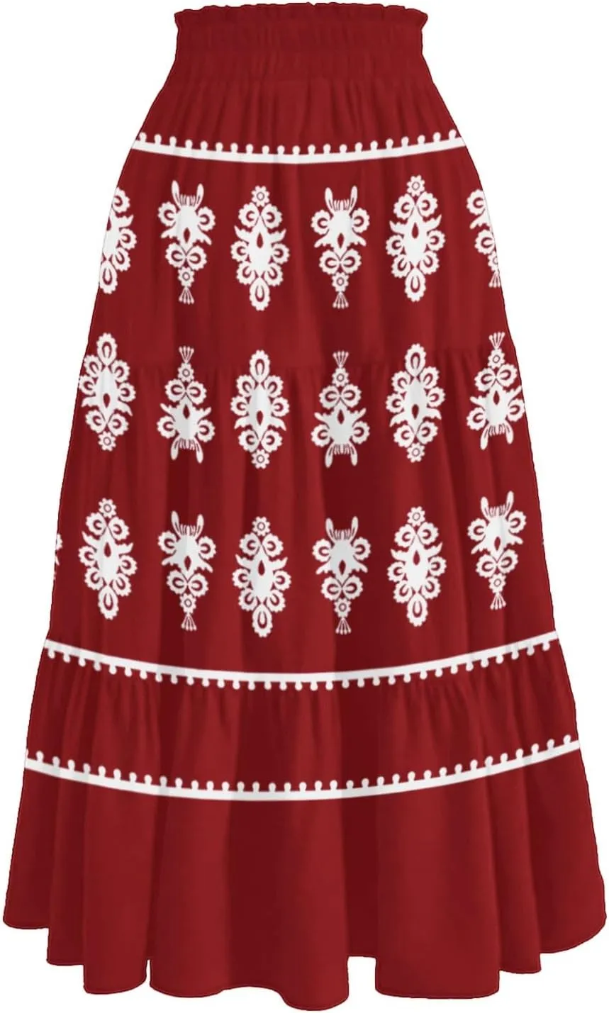 Beach Vacation Clothes for Women Loose Casual Trendy Vintage Printed Elastic Waist Maxi Boho Skirts, S-XL