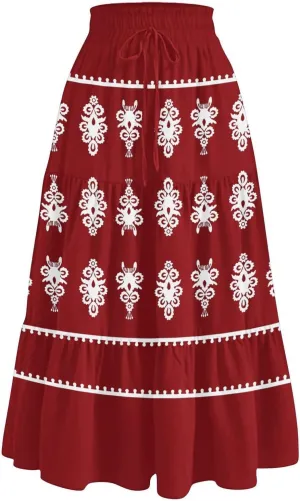 Beach Vacation Clothes for Women Loose Casual Trendy Vintage Printed Elastic Waist Maxi Boho Skirts, S-XL