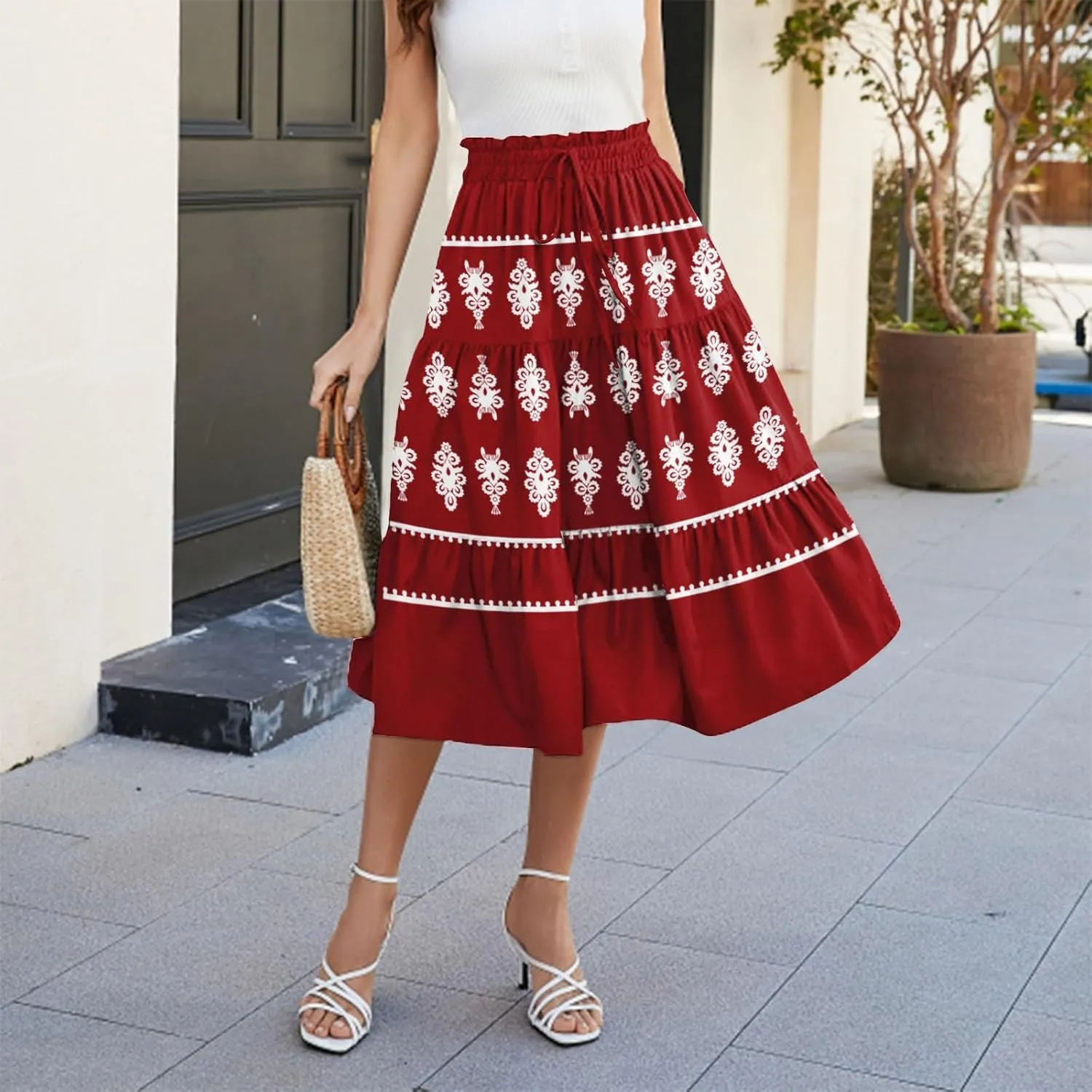Beach Vacation Clothes for Women Loose Casual Trendy Vintage Printed Elastic Waist Maxi Boho Skirts, S-XL