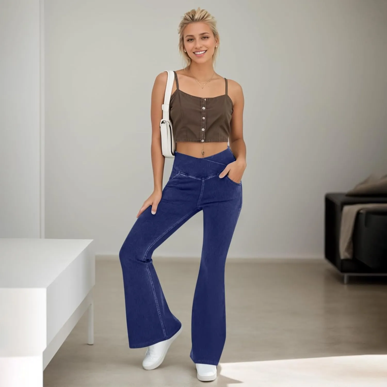 Bell Bottom Jeans for Women Crossover High Waisted Flare Jean Leggings with Pockets Pull On Wide Leg Stretchy Jeans