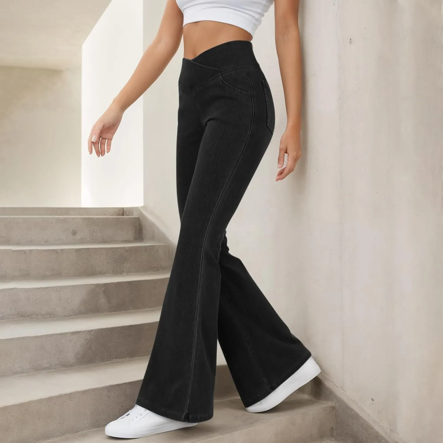 Bell Bottom Jeans for Women Crossover High Waisted Flare Jean Leggings with Pockets Pull On Wide Leg Stretchy Jeans