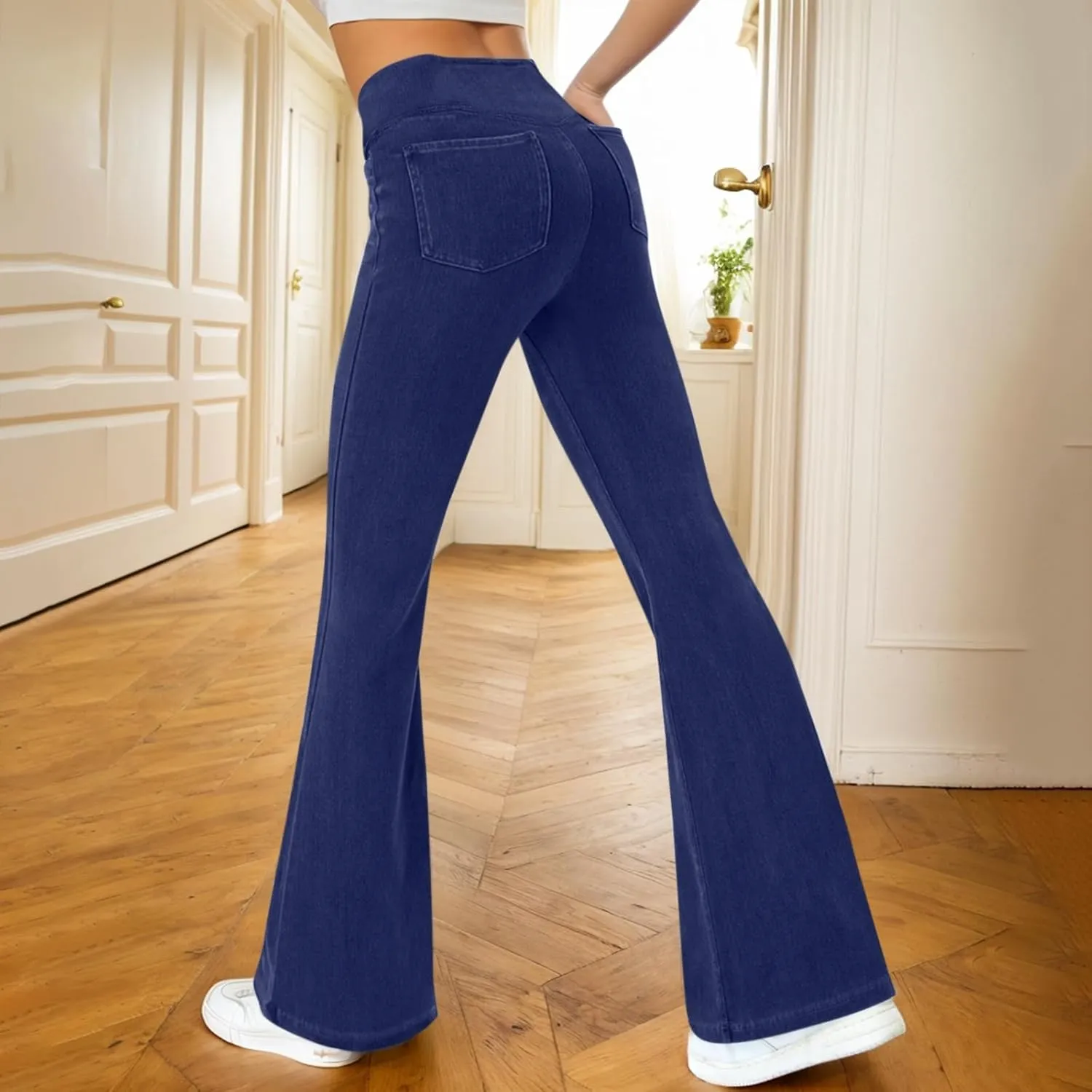 Bell Bottom Jeans for Women Crossover High Waisted Flare Jean Leggings with Pockets Pull On Wide Leg Stretchy Jeans