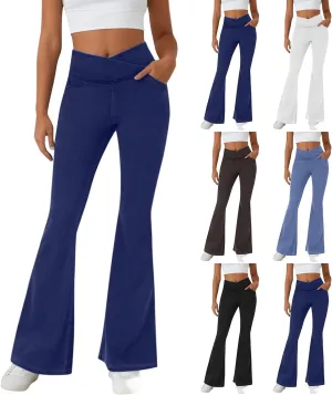 Bell Bottom Jeans for Women Crossover High Waisted Flare Jean Leggings with Pockets Pull On Wide Leg Stretchy Jeans