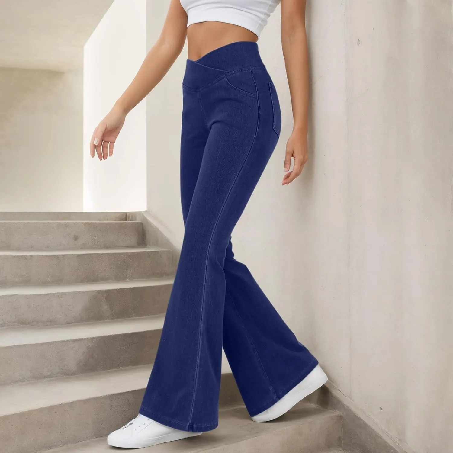Bell Bottom Jeans for Women Crossover High Waisted Flare Jean Leggings with Pockets Pull On Wide Leg Stretchy Jeans
