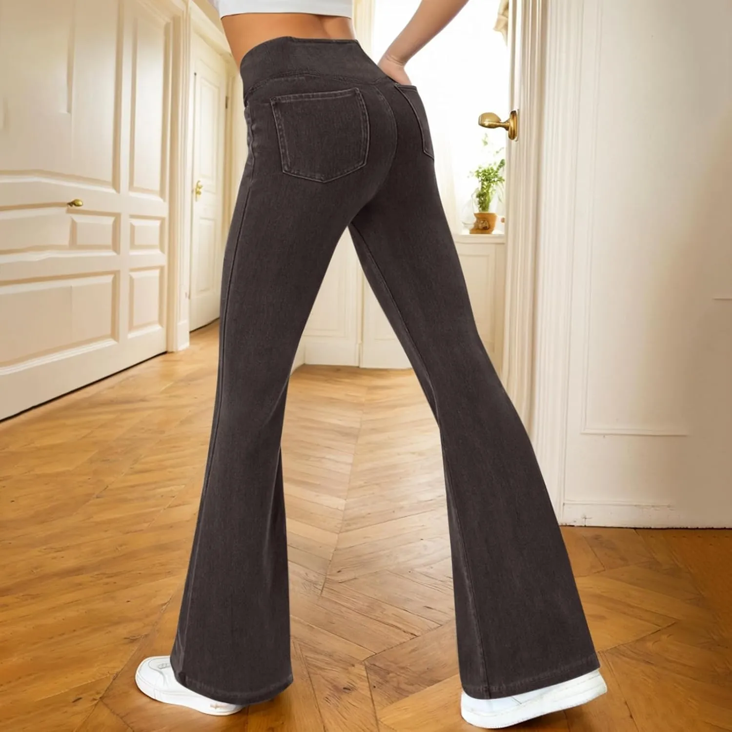 Bell Bottom Jeans for Women Crossover High Waisted Flare Jean Leggings with Pockets Pull On Wide Leg Stretchy Jeans