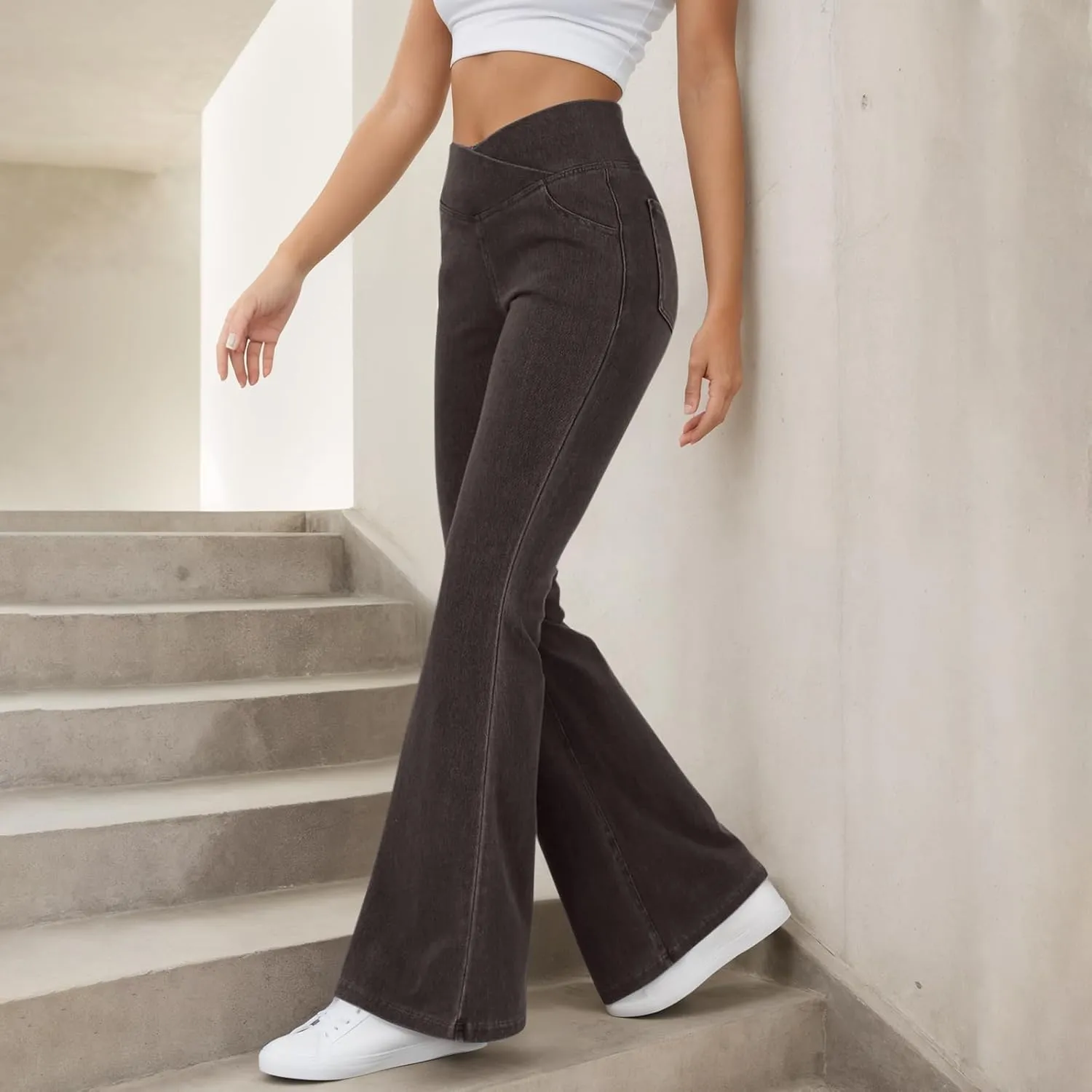 Bell Bottom Jeans for Women Crossover High Waisted Flare Jean Leggings with Pockets Pull On Wide Leg Stretchy Jeans