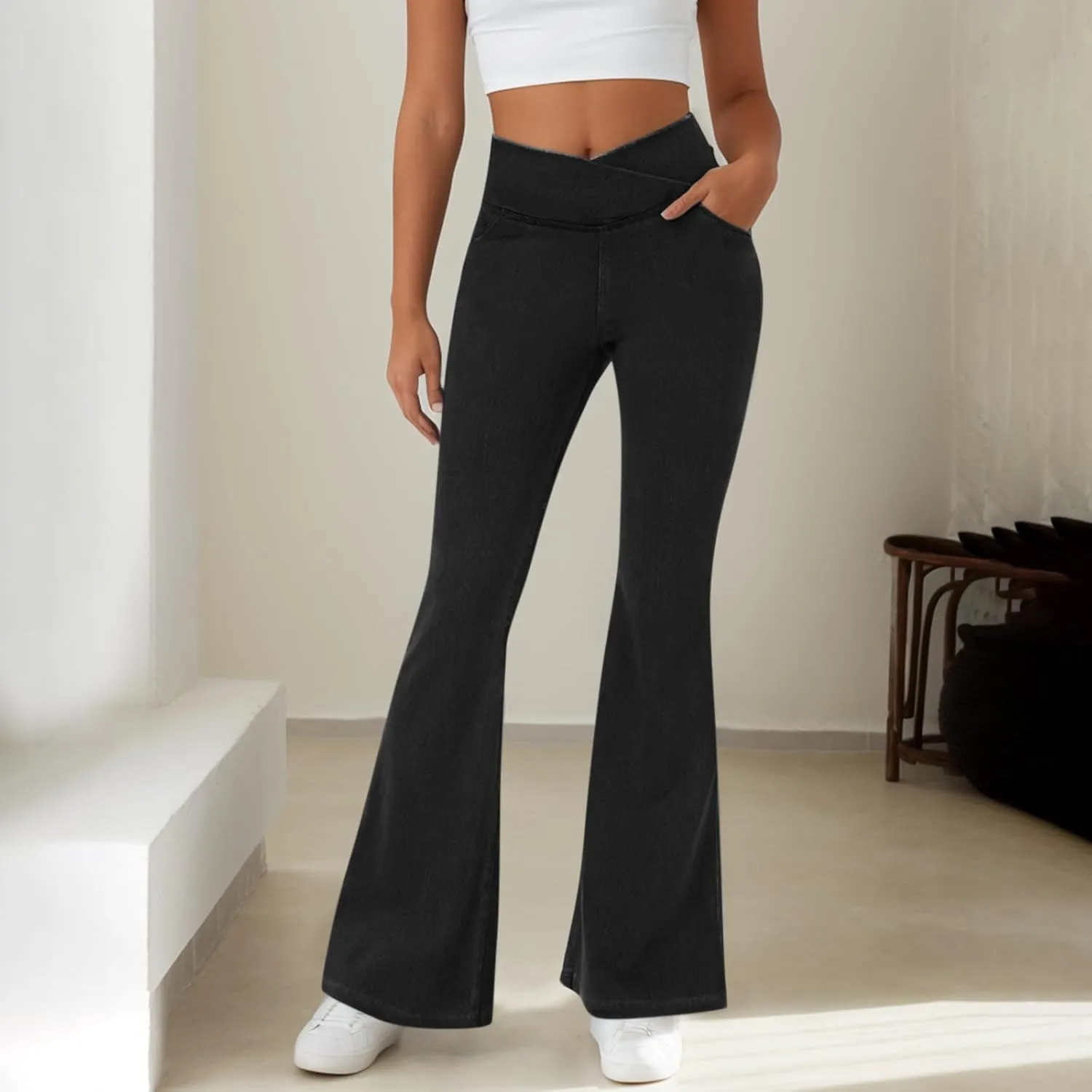 Bell Bottom Jeans for Women Crossover High Waisted Flare Jean Leggings with Pockets Pull On Wide Leg Stretchy Jeans