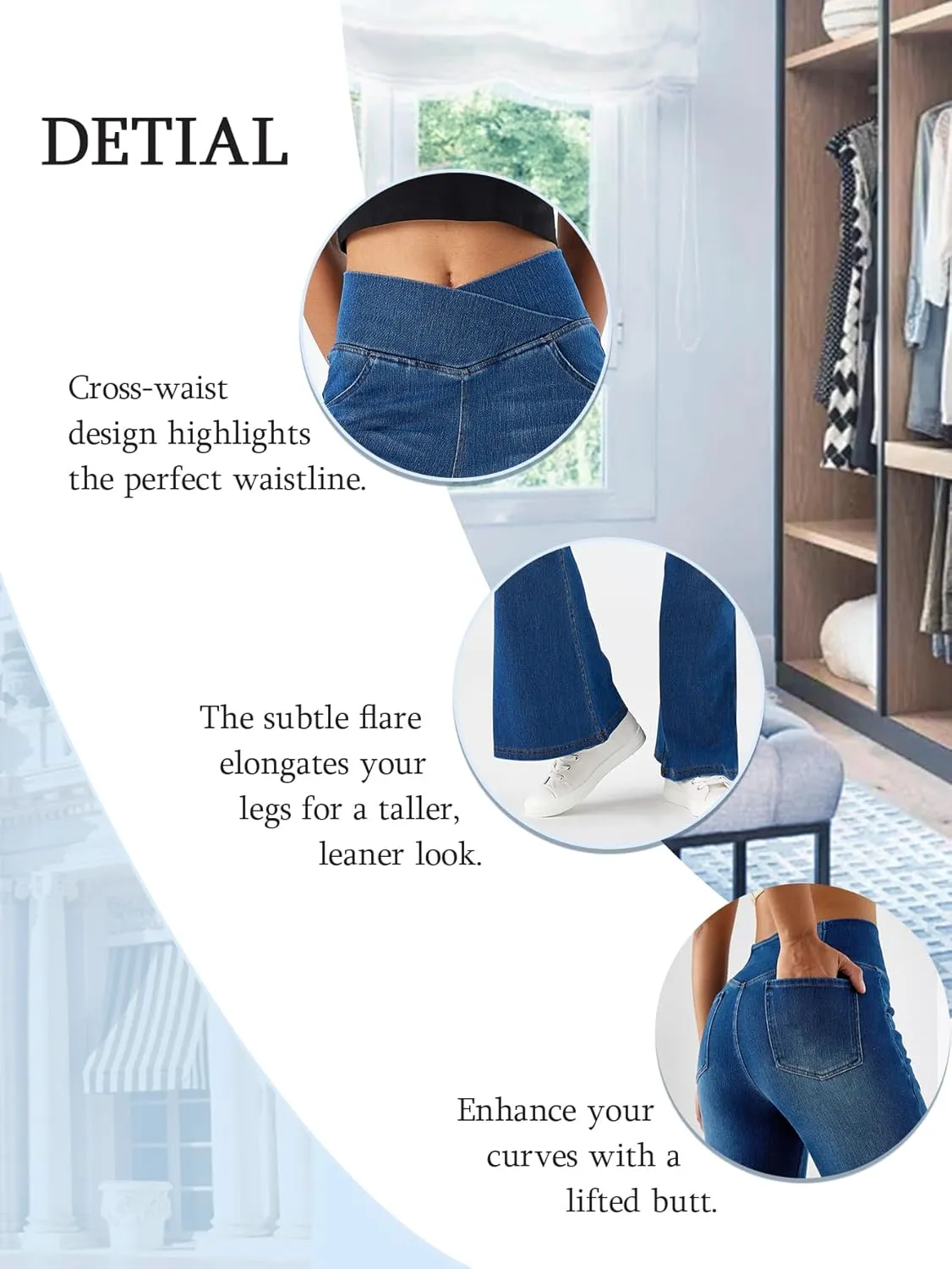 Bell Bottom Jeans for Women High Waisted Stretchy Flare Jeans Pull On Crossover Wide Leg Flared Pants with Pockets