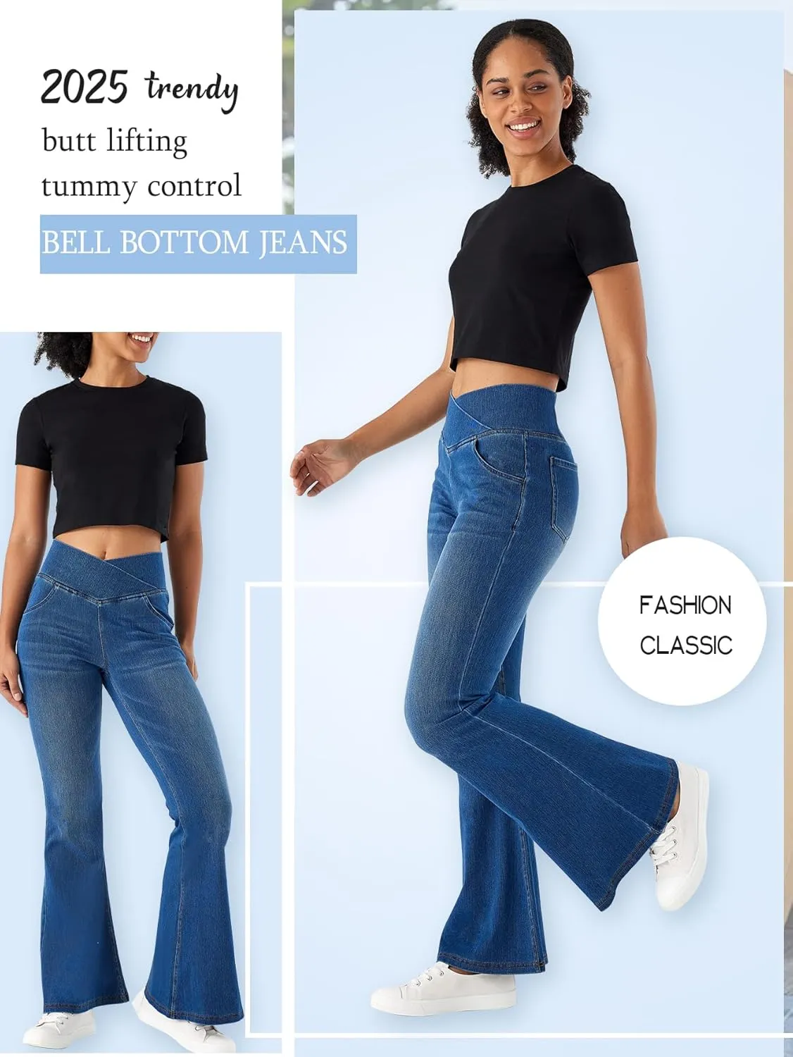 Bell Bottom Jeans for Women High Waisted Stretchy Flare Jeans Pull On Crossover Wide Leg Flared Pants with Pockets