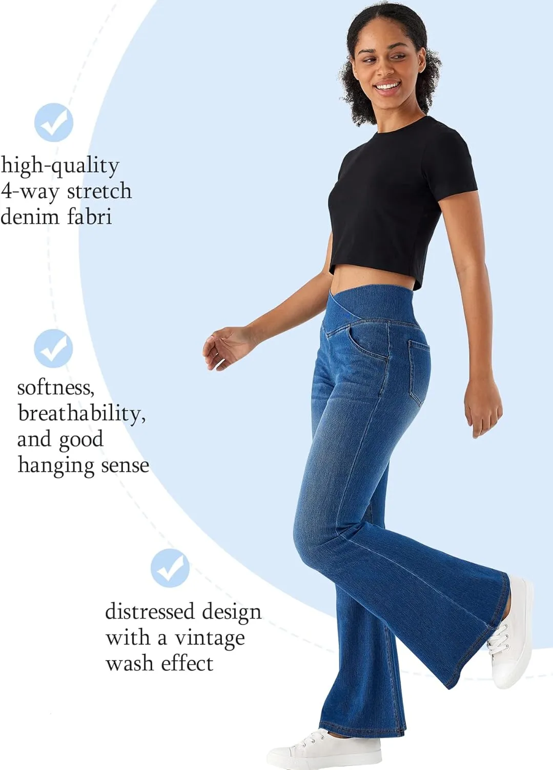 Bell Bottom Jeans for Women High Waisted Stretchy Flare Jeans Pull On Crossover Wide Leg Flared Pants with Pockets