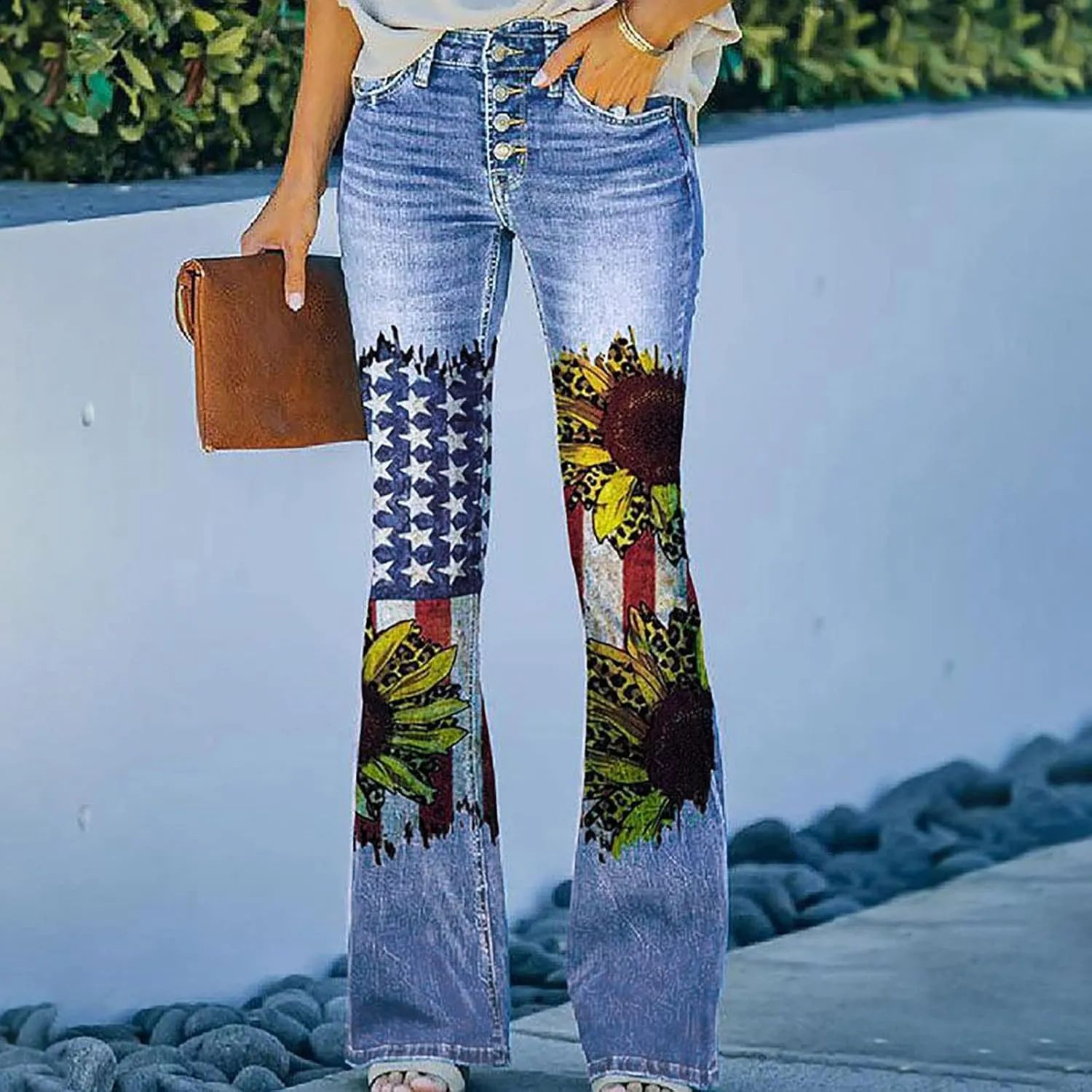 Bell Bottom Jeans Trendy High Waisted Stretchy Flare Jeans Casual Button Stretch Wide Leg Denim Pants