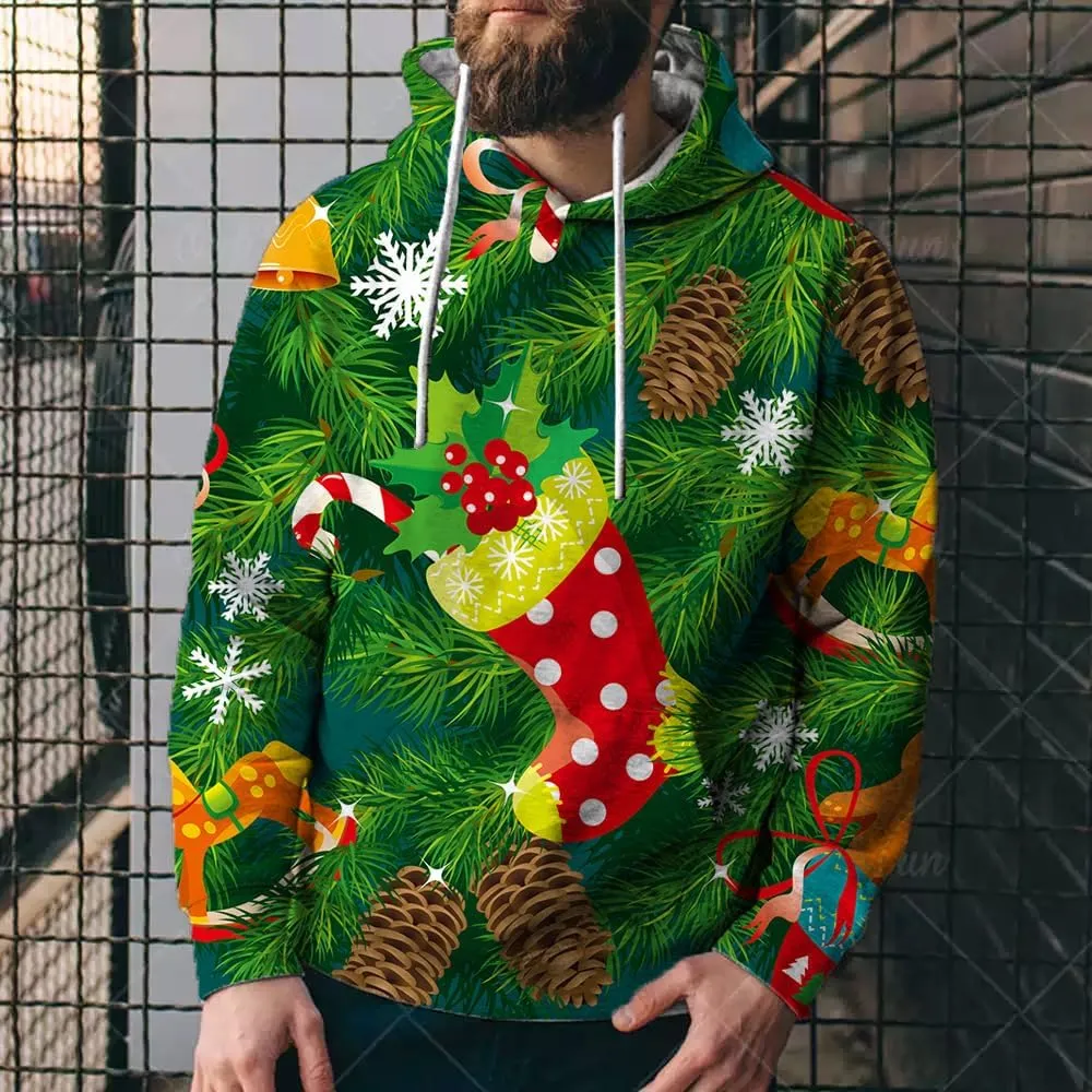 Bengbobar Men's Christmas Hoodies for Men Pullover Xmas Sweatshirts Funny Snowflake Printed Long Sleeve Drawstring Tops